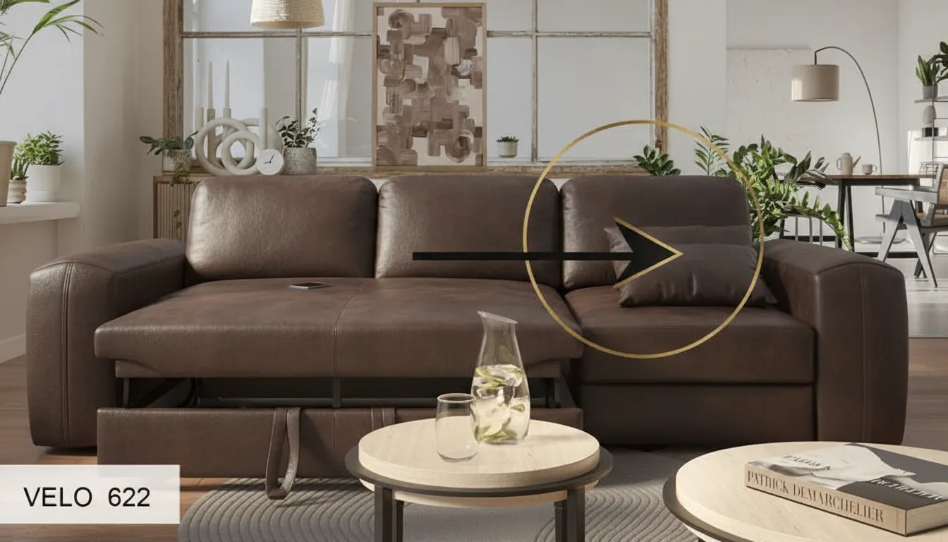 Canapé convertible en cuir marron déplie dans un salon moderne avec graphismes minimalistes.
