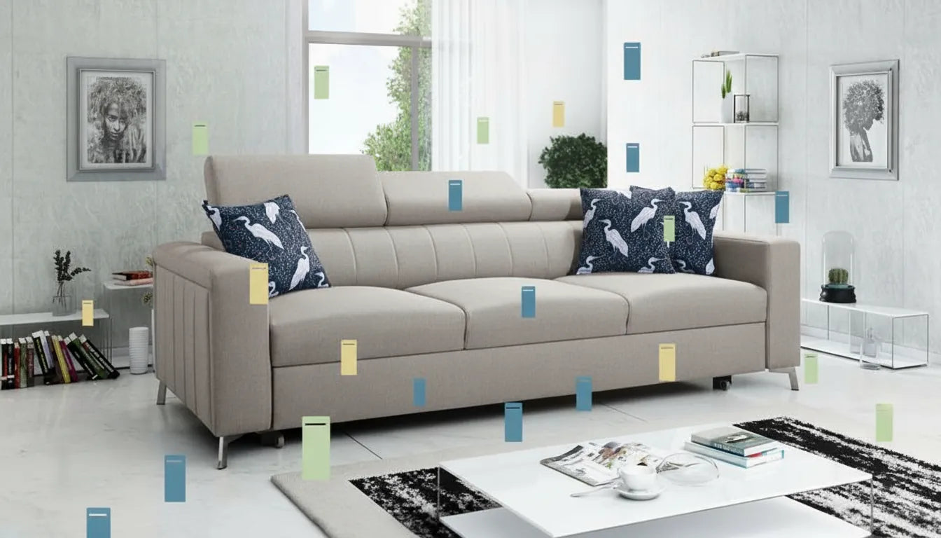 Canapé deux places réaliste avec des icônes graphiques stylisées de portes flottantes autour.