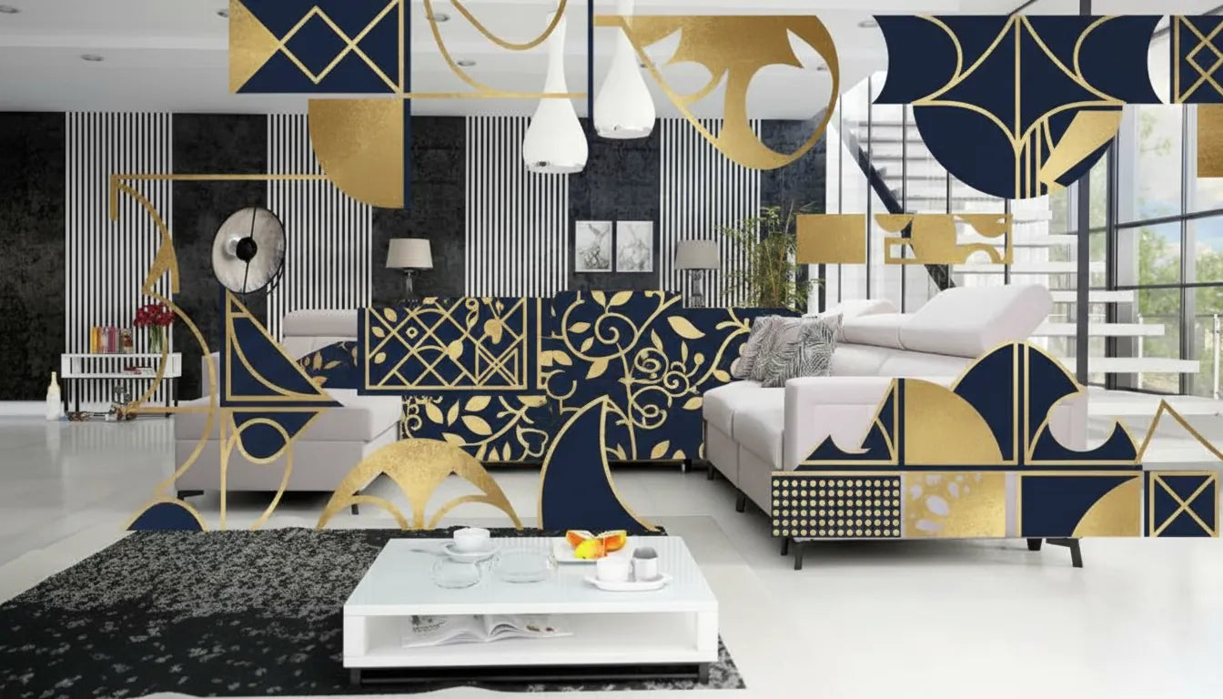 Realistic photo of a modern sofa with an abstract gold and navy blue graphic overlay