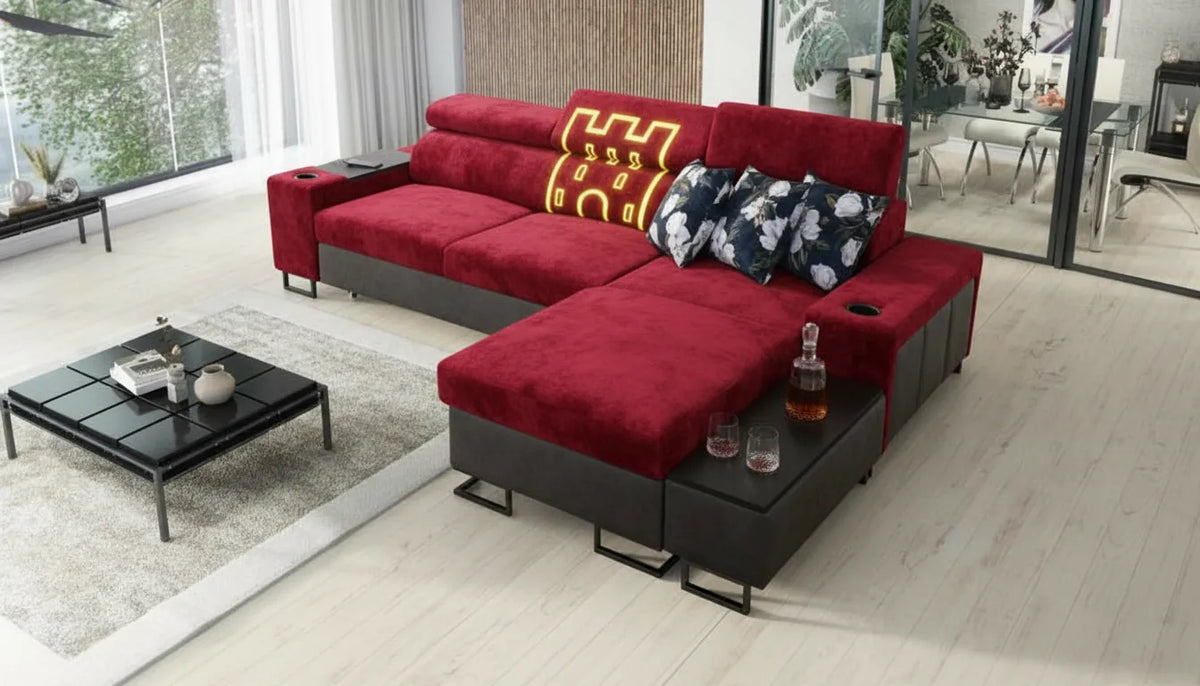 Realistic photo of a red velvet sofa with a stylized golden castle turret graphic overlaid.