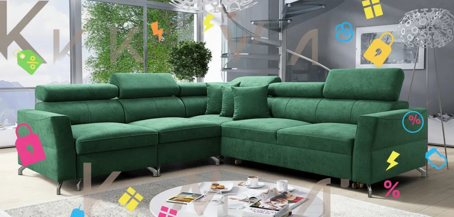 Image d'un canape vert style moderne avec graphiques abstraits de promotion flottants