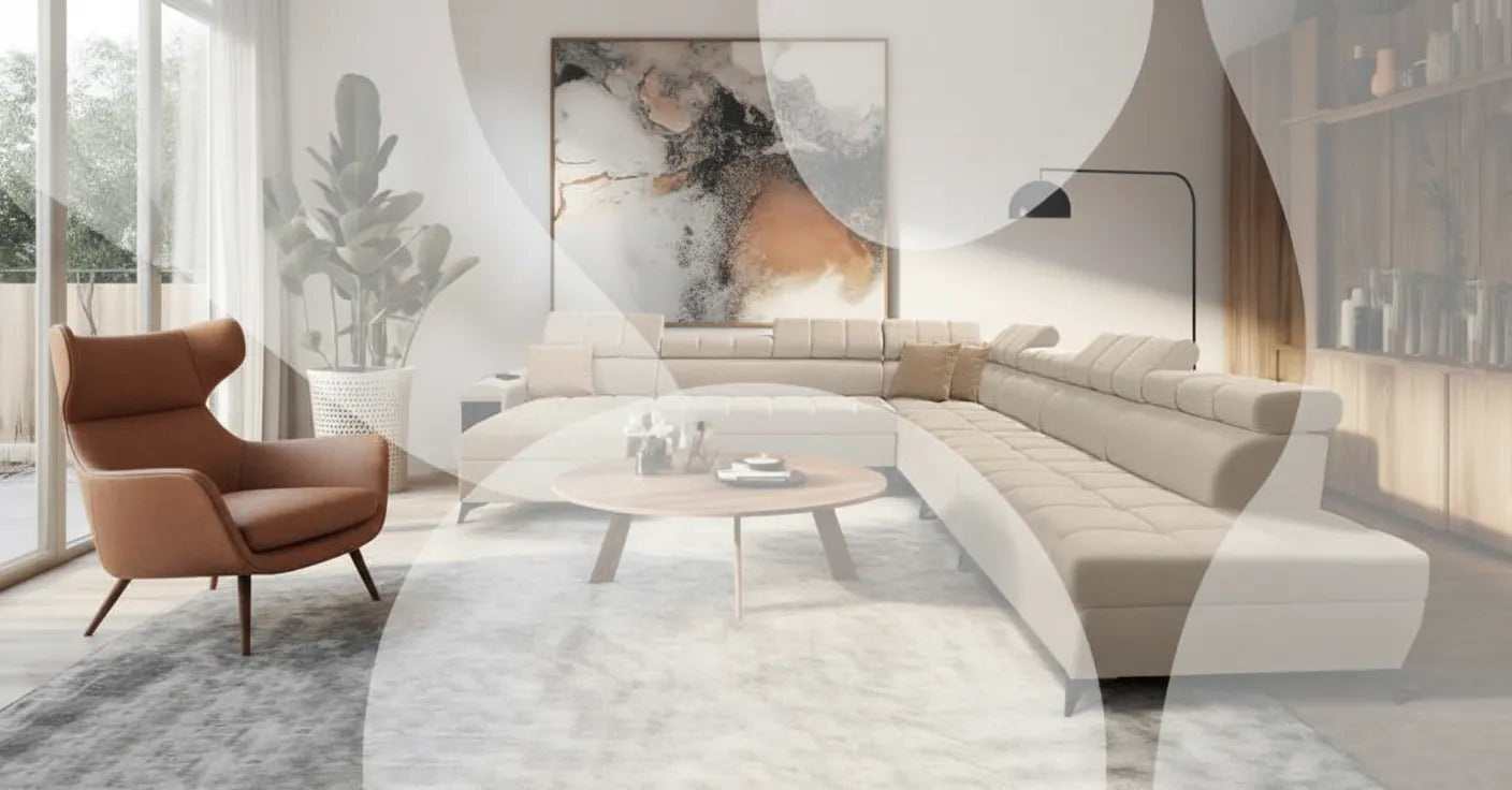 Fauteuil design Poltrona Frau en cuir cognac sur fond intérieur moderne avec superposition graphique abstraite pastel.