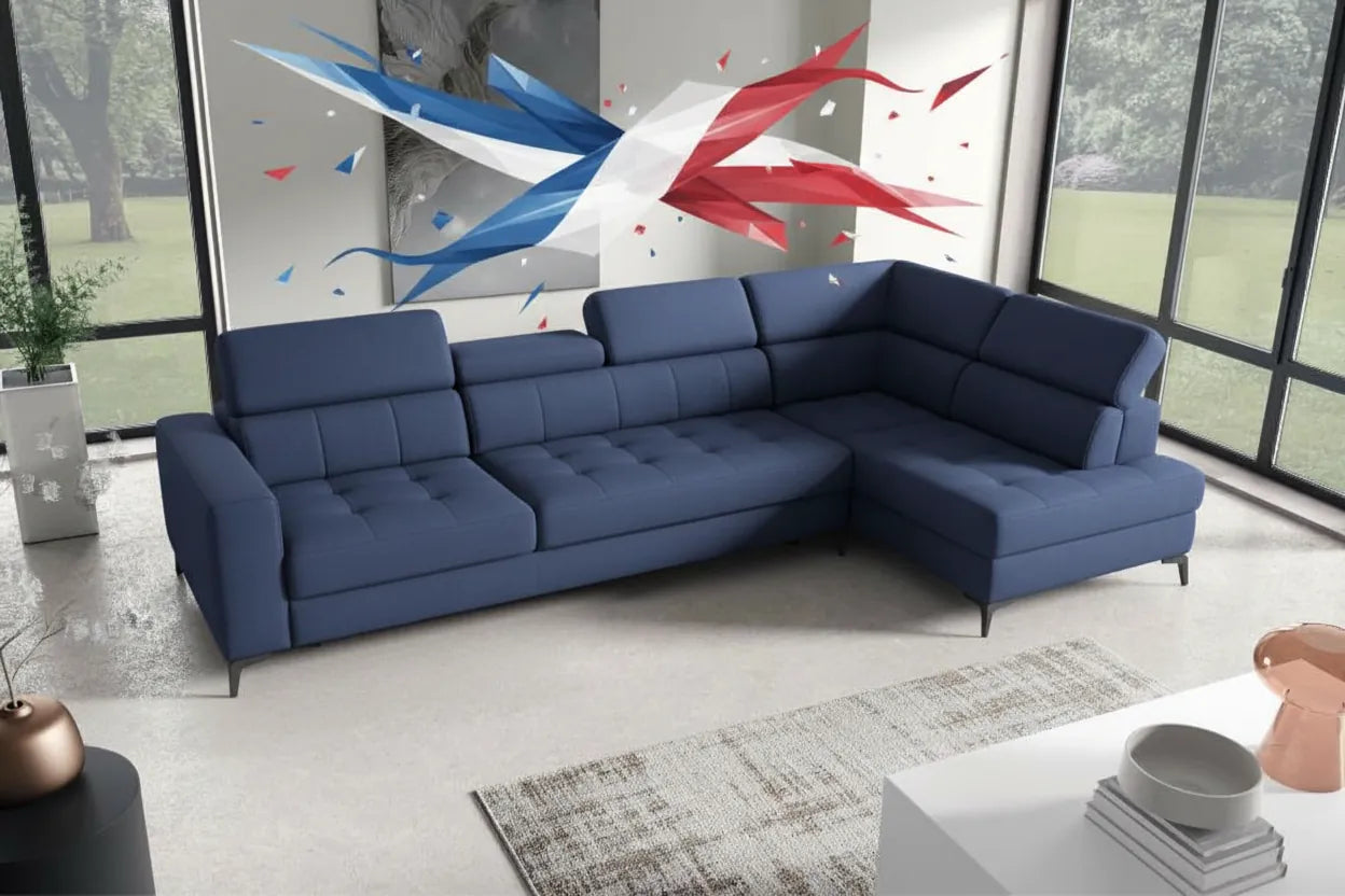 Realistic photo of a modern blue sofa with an abstract graphic overlay in blue white and red colors representing the French flag