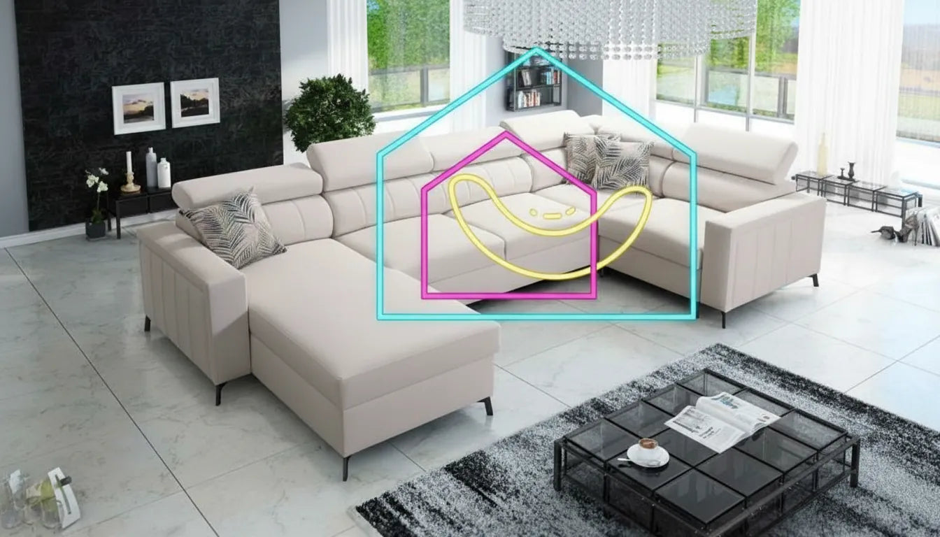 Canapé moderne dans un salon avec superposition graphique abstraite