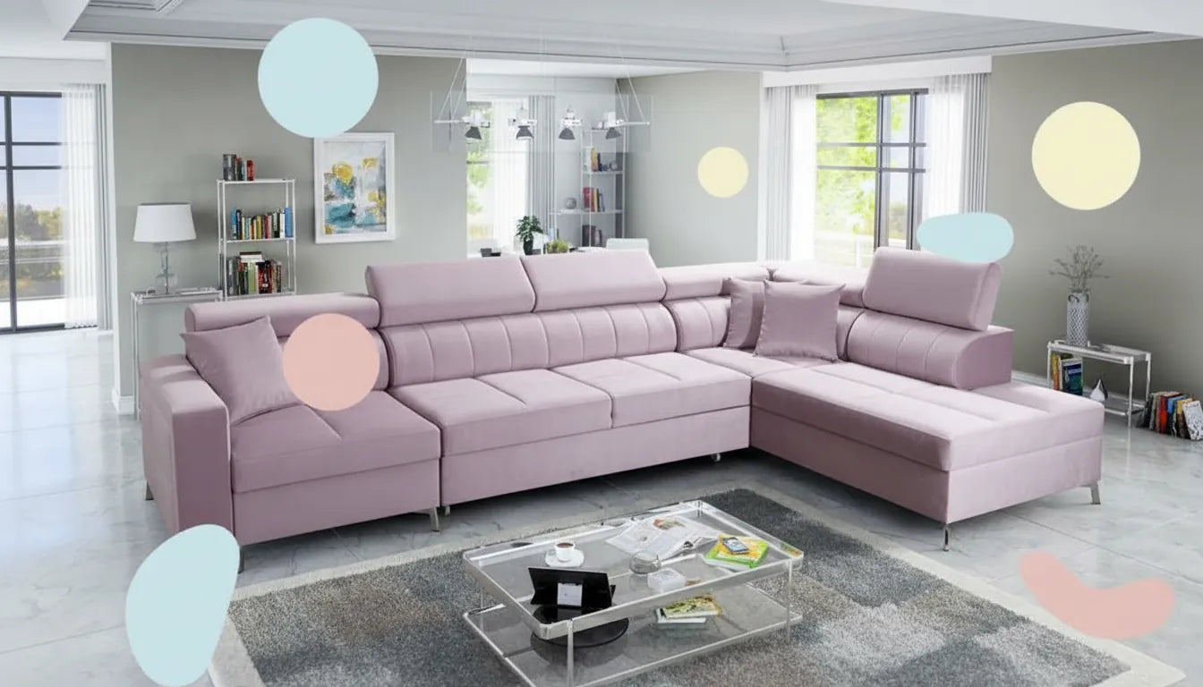 Photo realiste d un grand canape confortable sur lequel sont superposees des formes graphiques abstraites pastel pour evoquer la detente