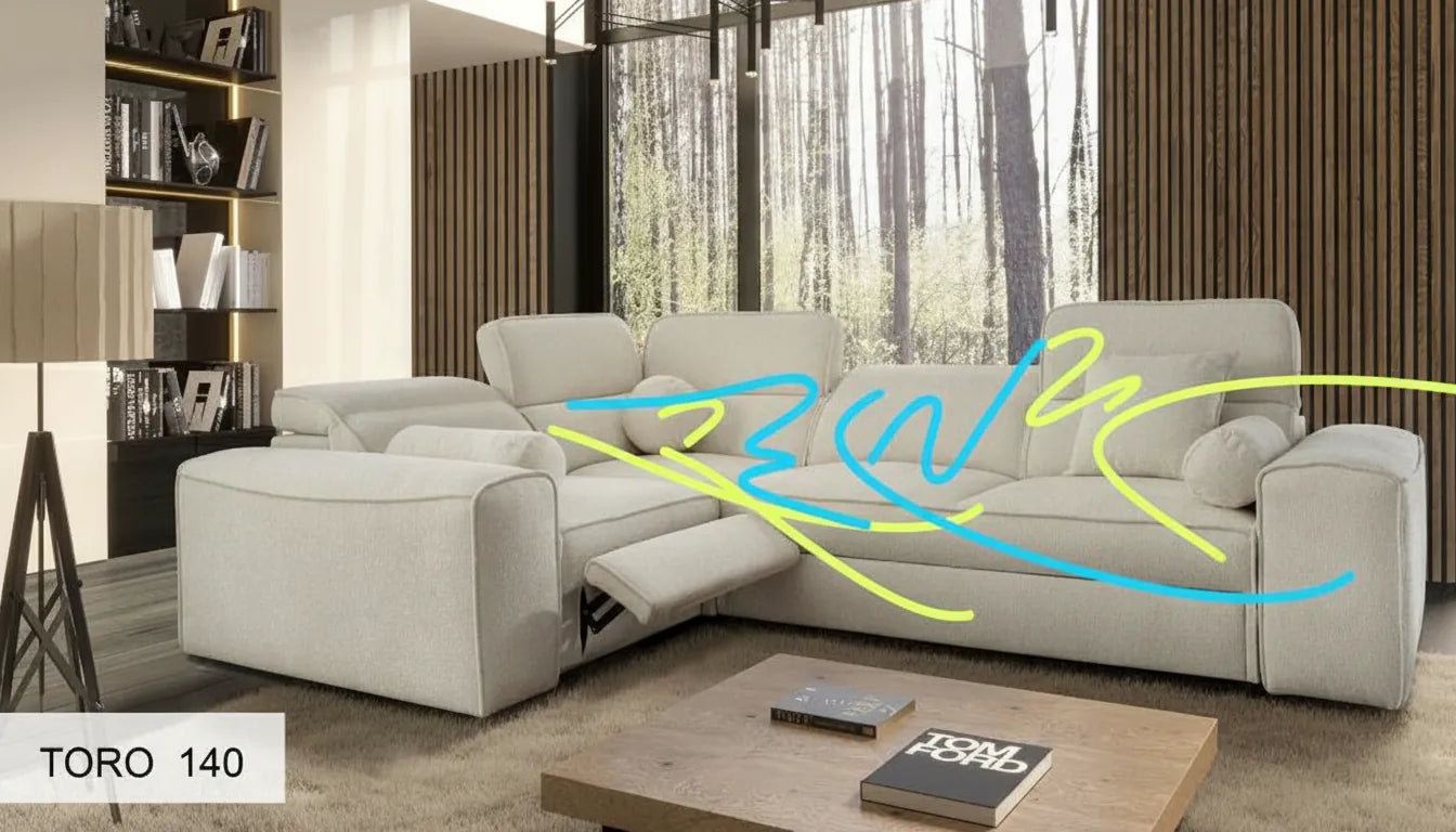 Canapé moderne avec superpositions graphiques de lignes stylisées évoquant la vitesse ou le glissement