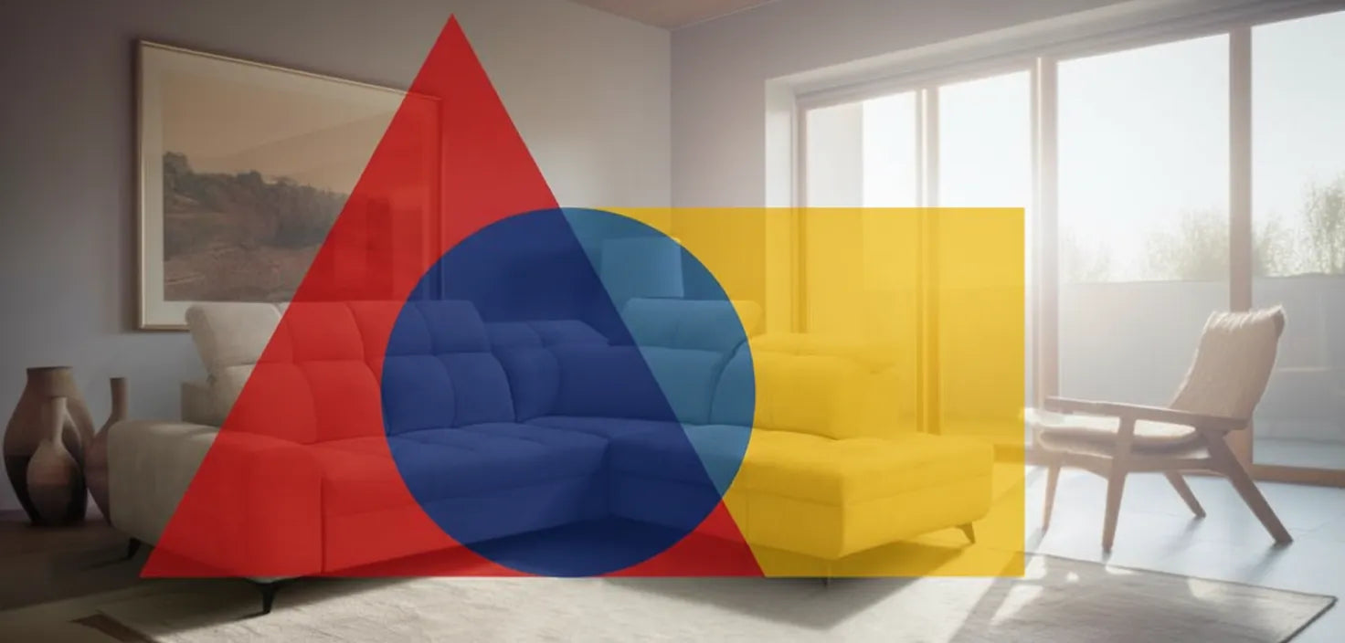 Photo realiste d'un canape moderne avec un design graphique abstrait et color surimpose
