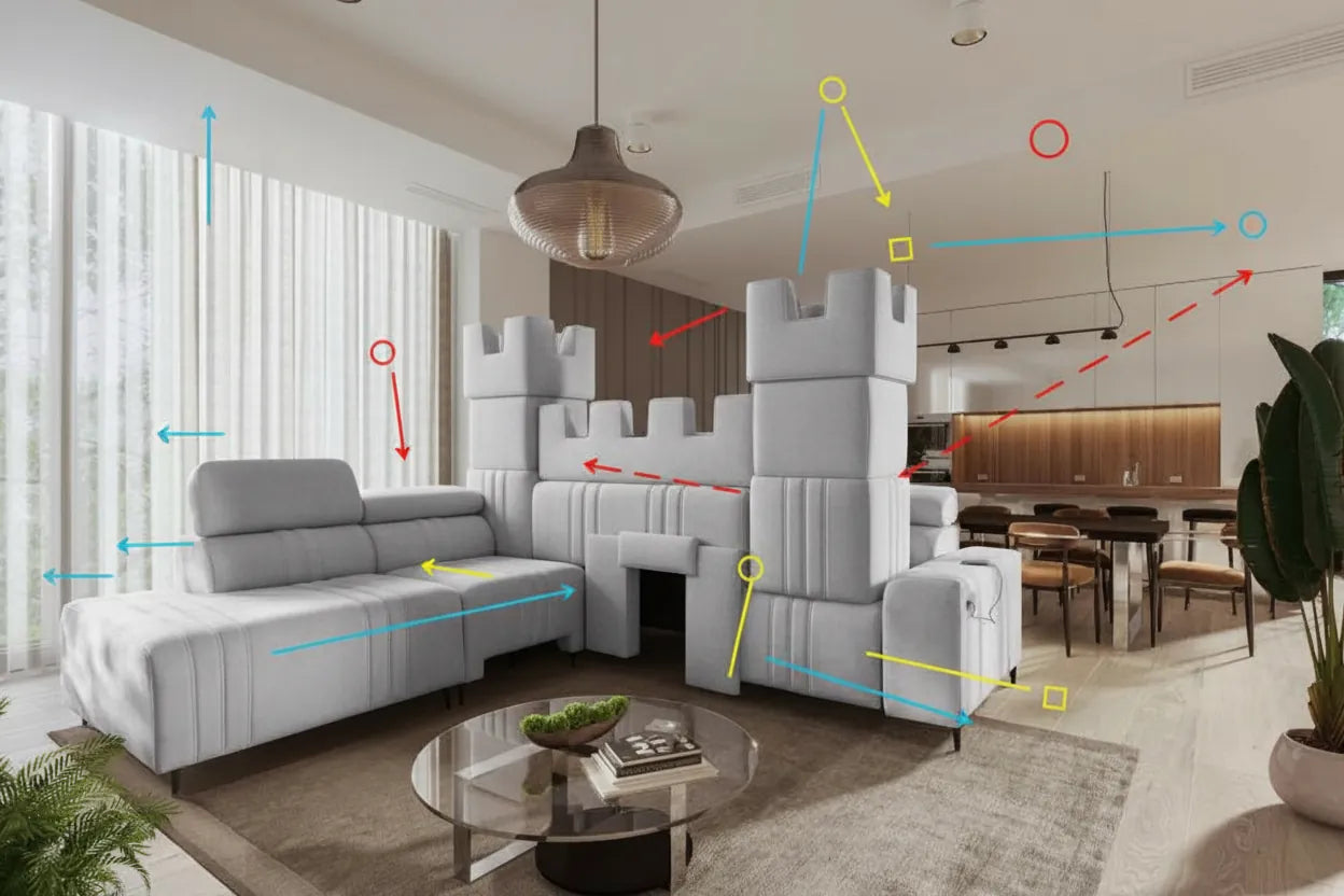 Canapé modulable IKEA gris clair réarrangé de manière créative dans un salon moderne avec des graphismes abstraits superposés.
