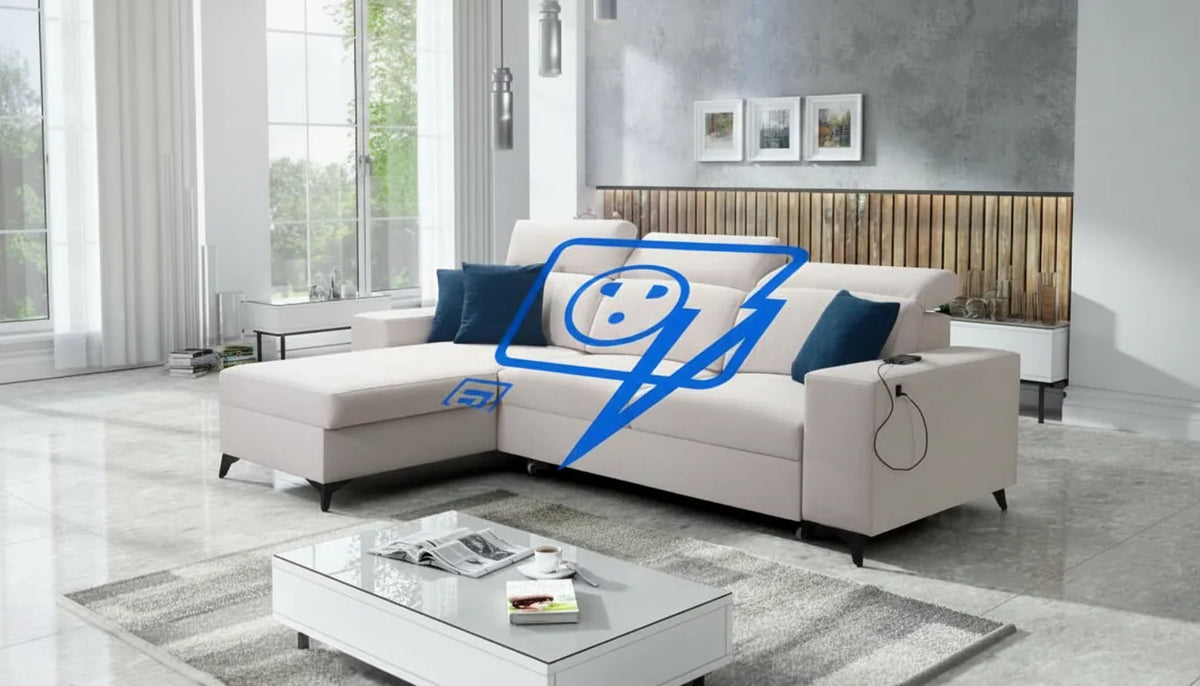 Canapé moderne avec éléments graphiques stylisés simulant une connexion électrique