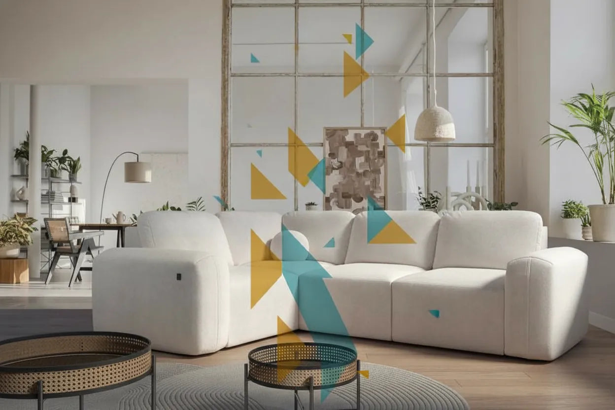 Canapé convertible moderne gris clair en salon lumineux avec superposition graphique minimaliste jaune et bleu