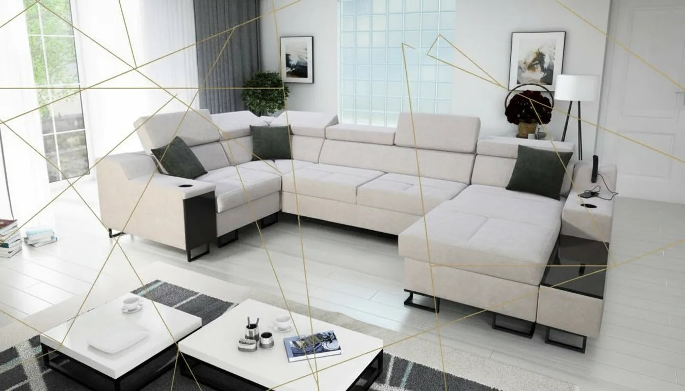Canapé moderne beige style Zara Home dans un salon lumineux avec superposition graphique dorée minimaliste.