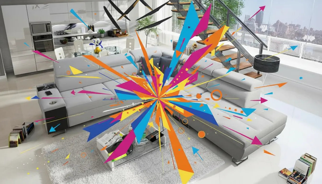 Photo réaliste d'un canapé d'angle moderne avec des éléments graphiques éclatants superposés suggérant une promotion