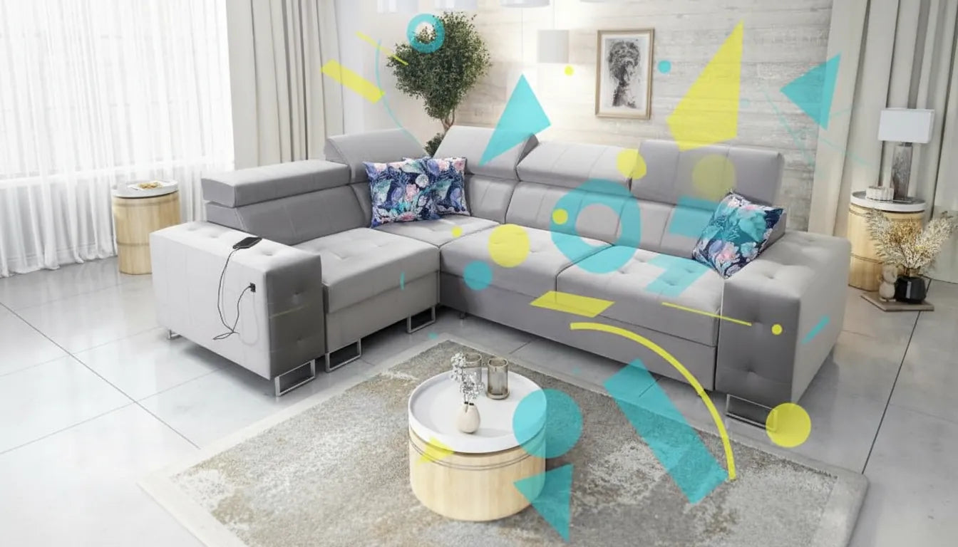 Canapé Ikea gris au design moderne dans un salon eclairé avec une superposition graphique abstraite jaune et cyan.