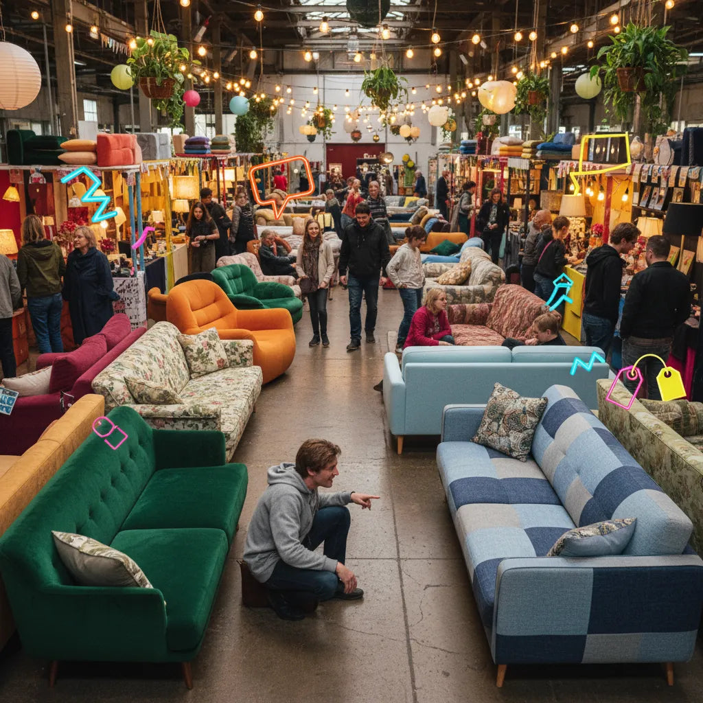 Realistic photo of many colorful sofas tightly packed in a market setting with abstract graphic overlays suggesting a festive sale.