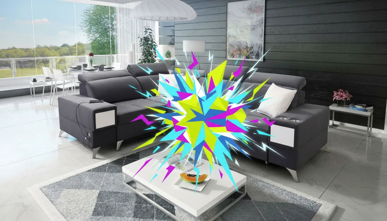 Canapé en cuir marron avec une image graphique stylisee de fissure lumineuse superposee au centre