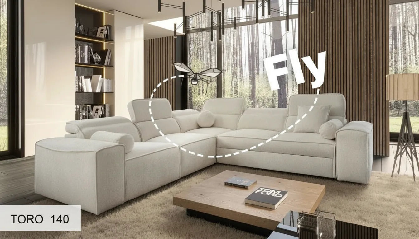 Canapé moderne dans un salon avec un petit objet volant stylisé en superposition graphique