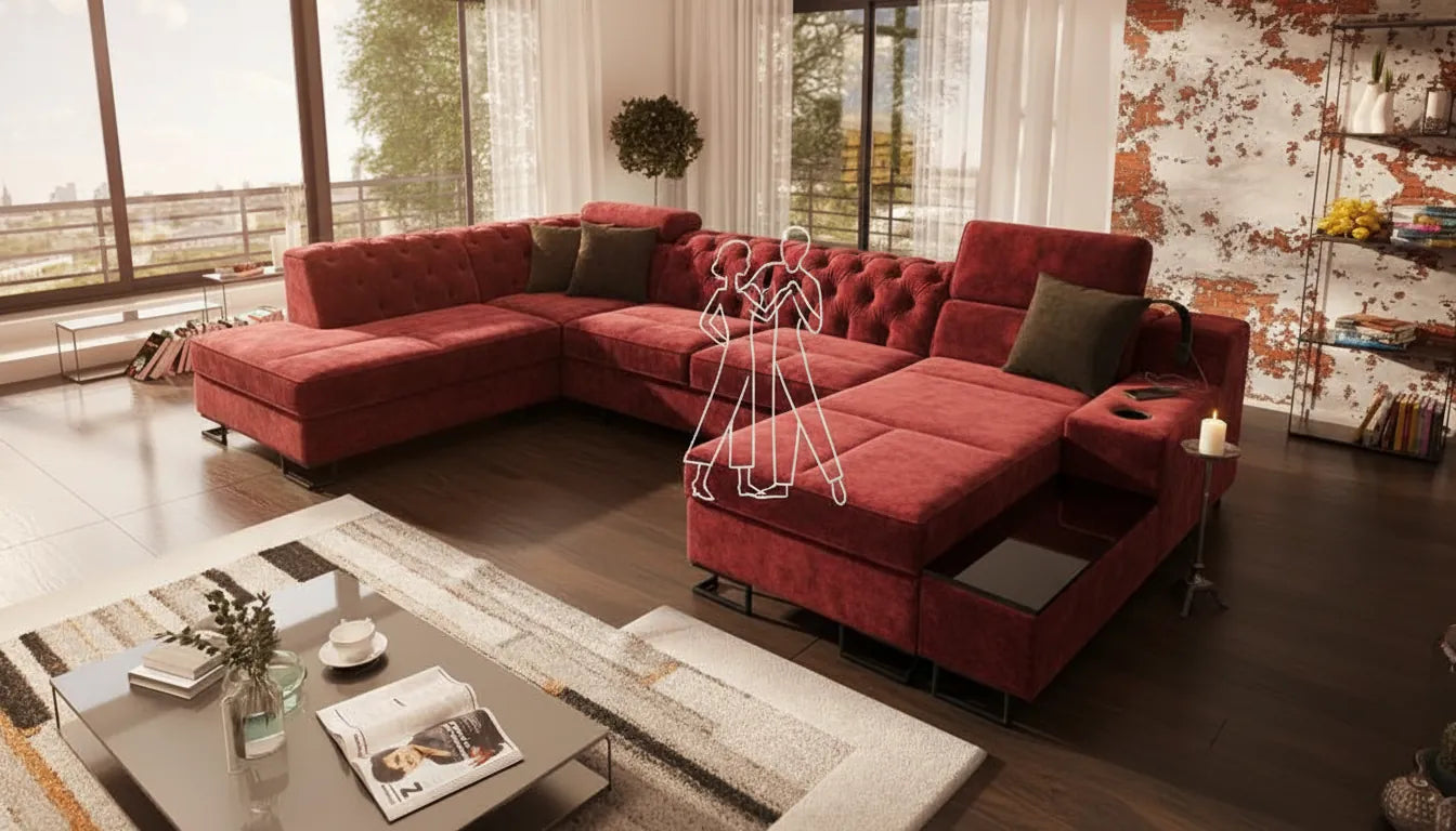 Canapé rouge luxueux avec silhouettes graphiques stylisées, style contemporain et romantique.