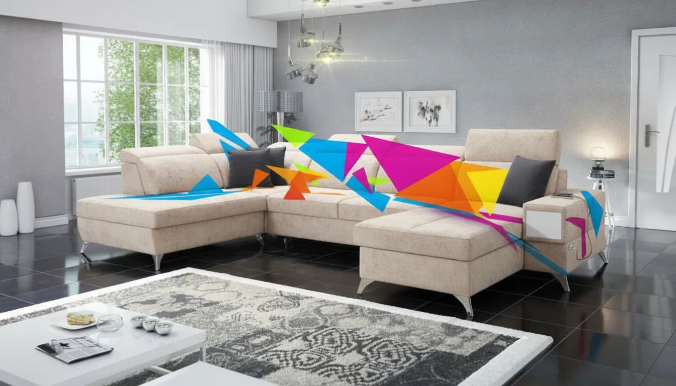 Canapé réaliste avec superposition graphique abstraite et colorée symbolisant la flexibilite.