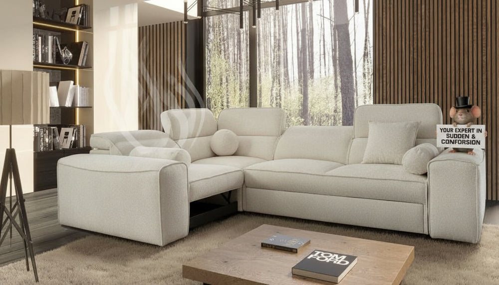 Image d'un canapé d'angle convertible de couleur beige.