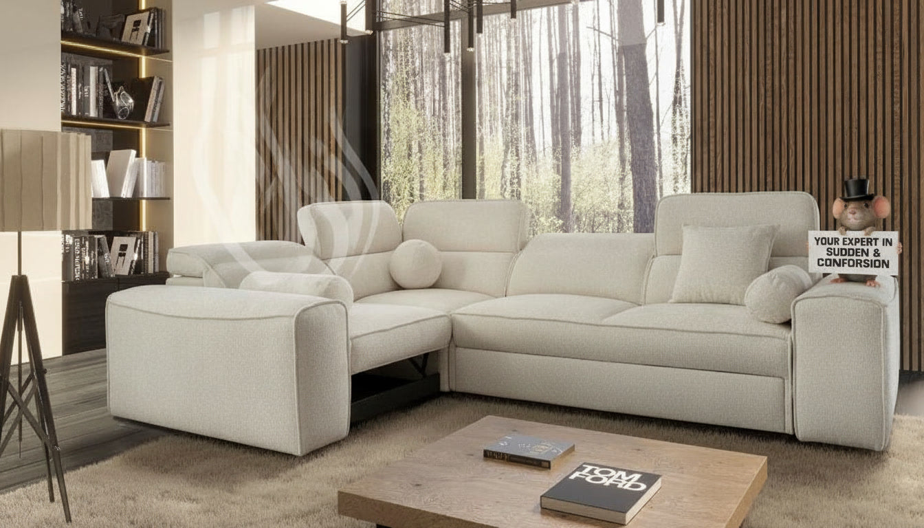 Image d'un canapé d'angle convertible de couleur beige.