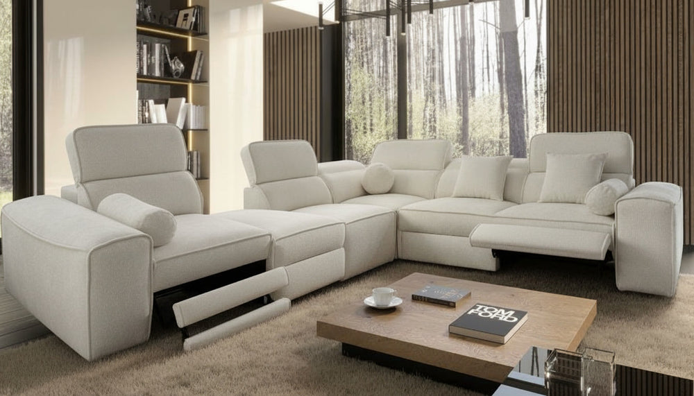 Image d'un canapé de couleur beige, dont la configuration est modulable.