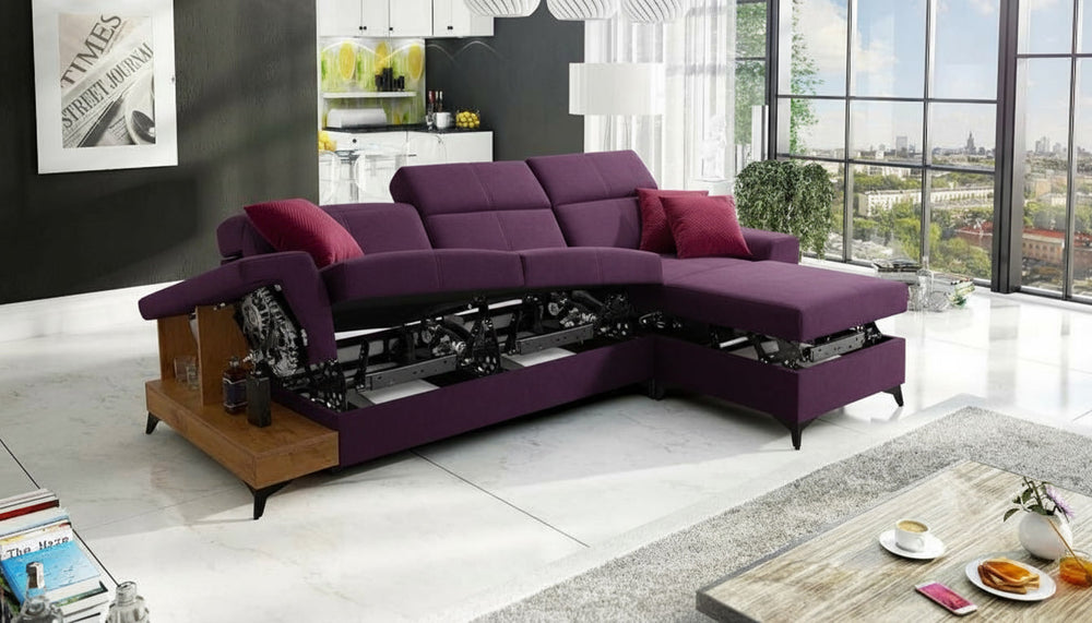 Image d'un canapé convertible de couleur violette et bordeaux.