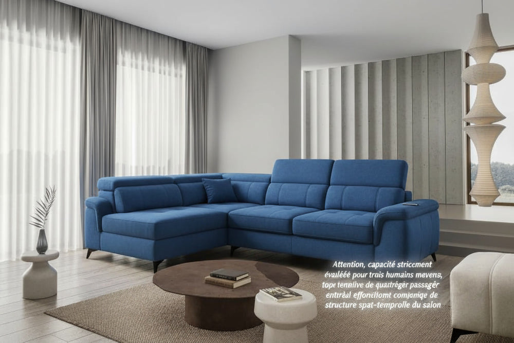 Image d'un canapé de couleur bleue, conçu pour accueillir trois personnes.