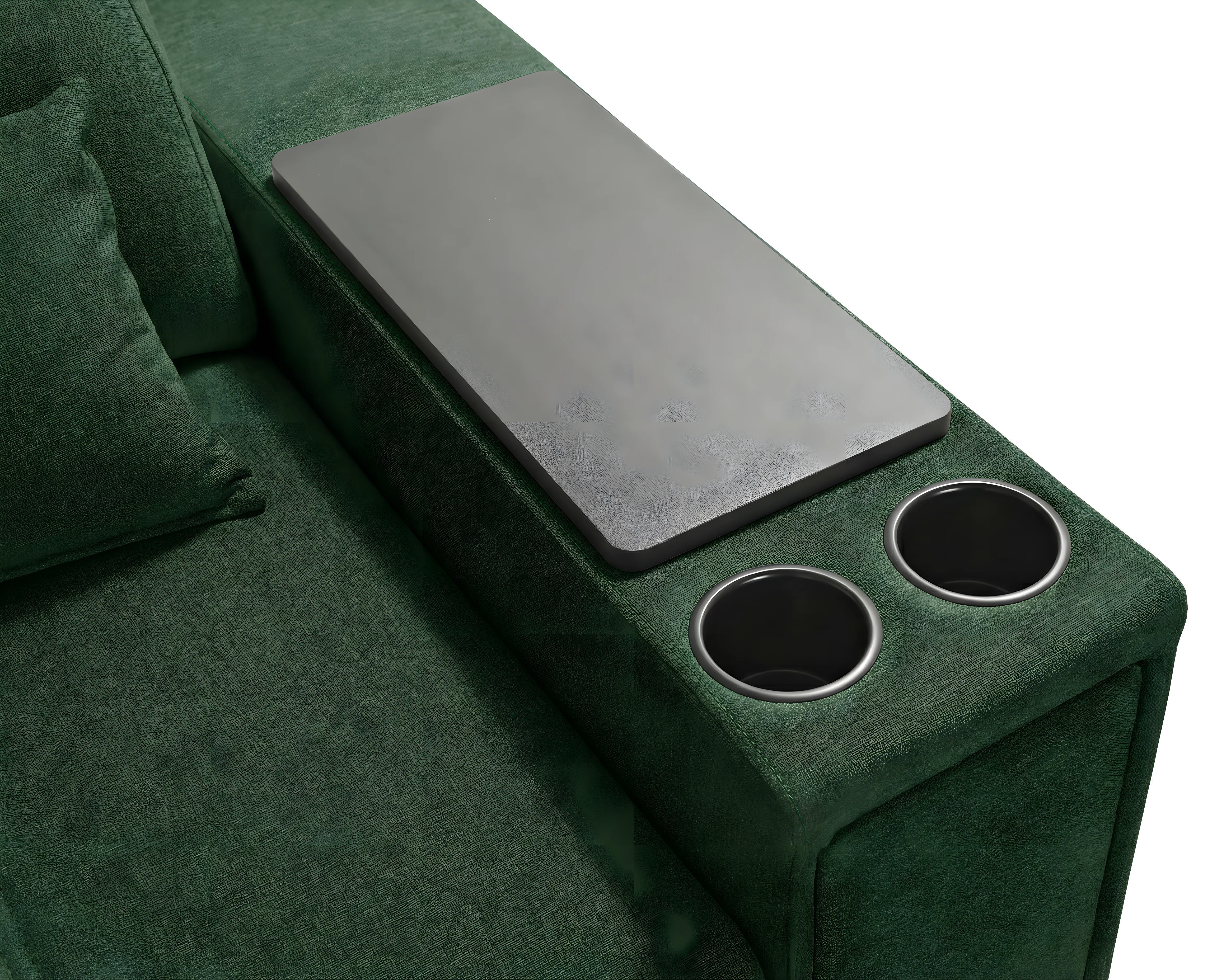 Accoudoir de canapé vert en tissu texturé avec table grise intégrée et deux porte-gobelets noirs