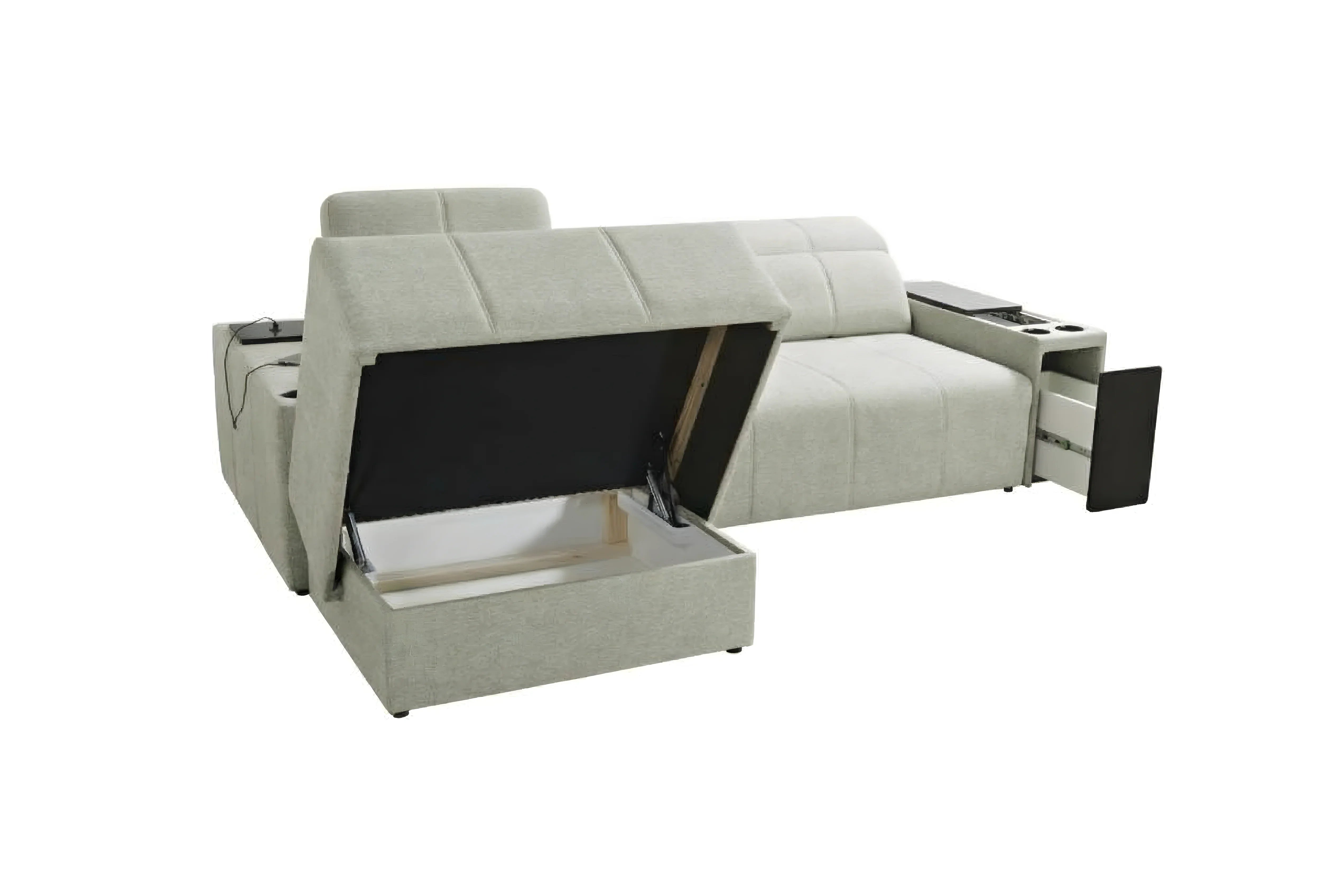Canapé convertible gris clair en tissu avec coffre, accoudoir et tablettes intégrées pour salon moderne