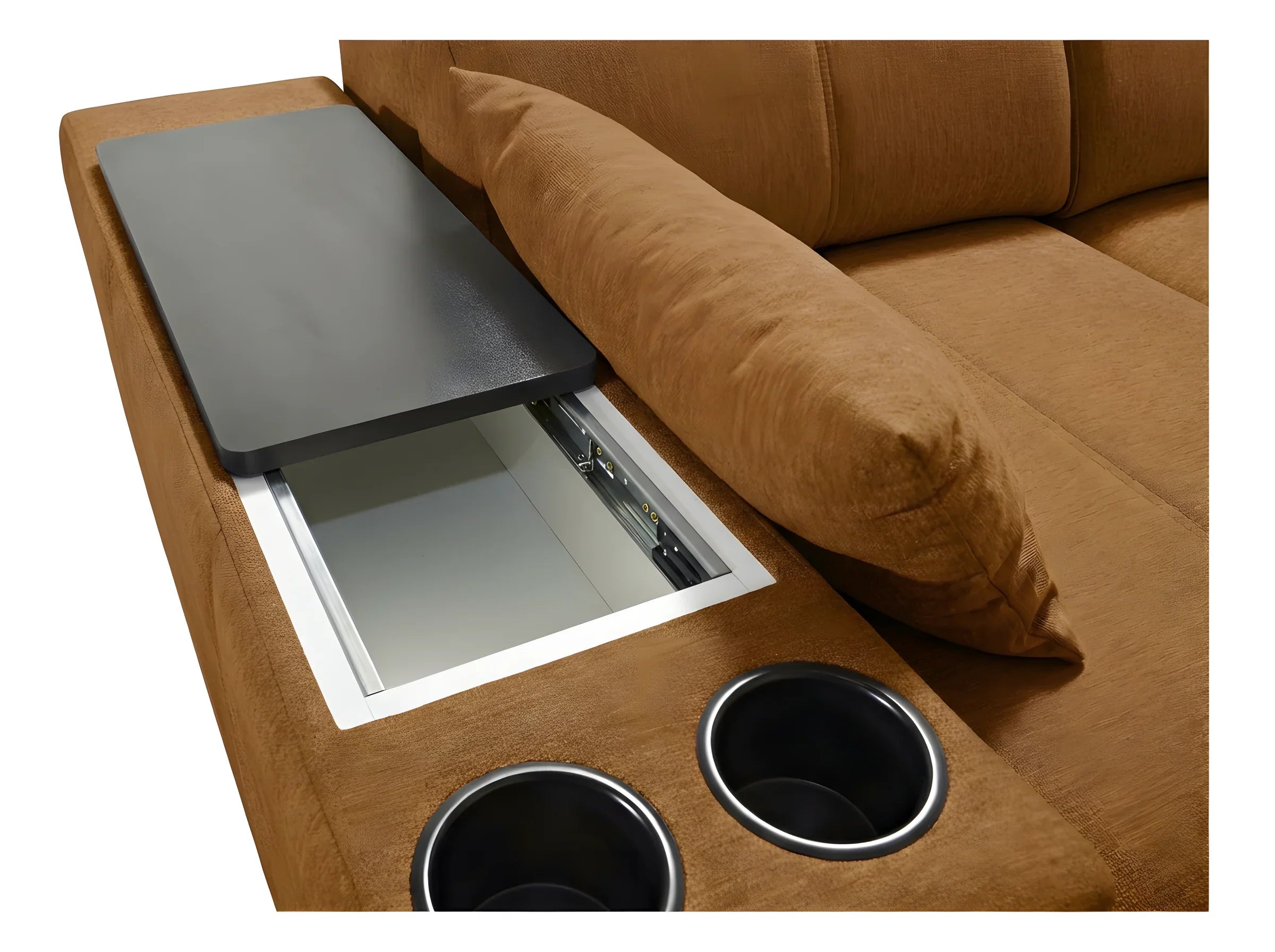 Canapé marron en cuir avec accoudoir, grand tiroir de rangement noir, deux porte-gobelets, et coussin en forme de rouleau, vue en détail