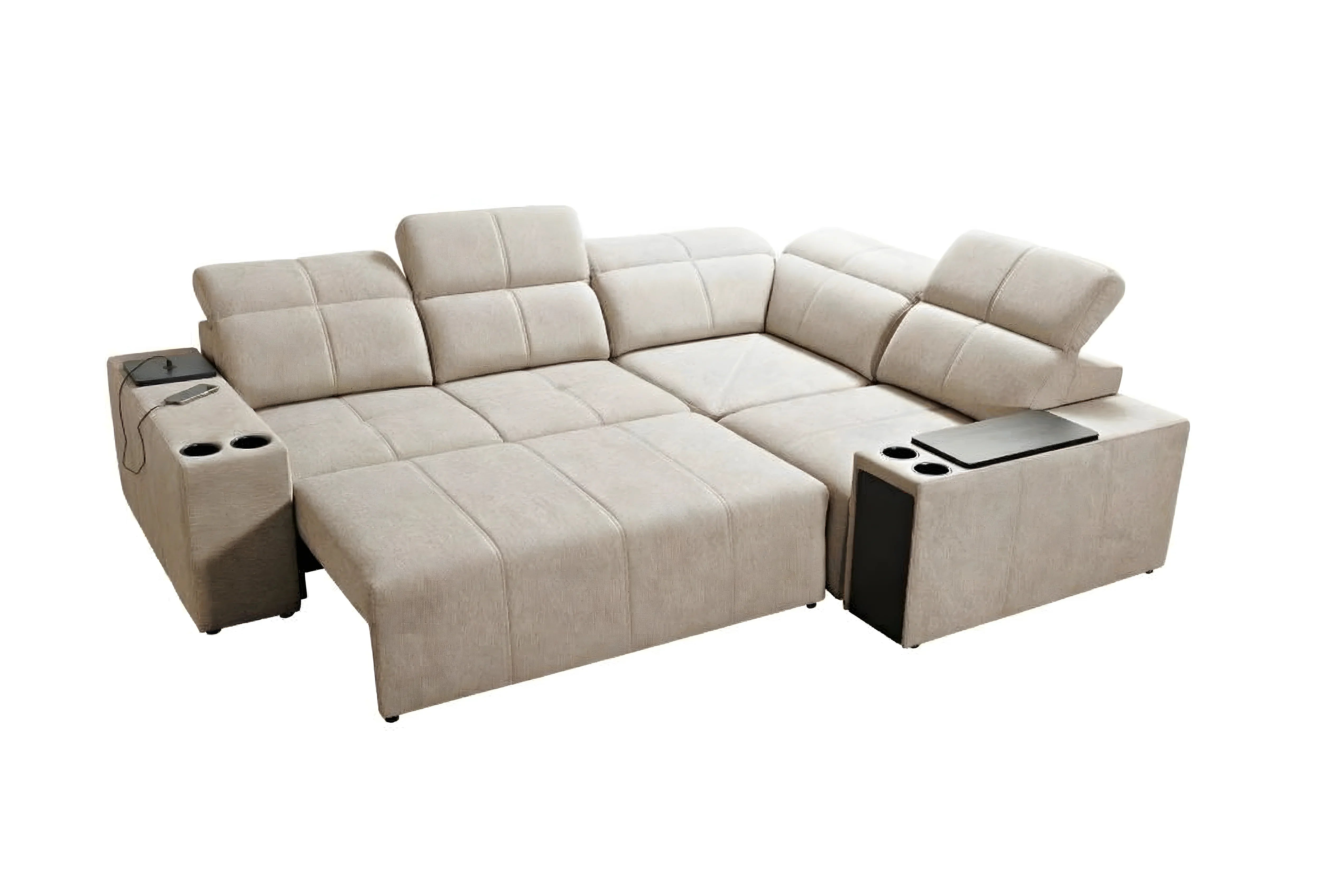 Canapé d'angle beige en microfibre, design modulable, avec tablettes et porte-gobelets, pour salon contemporain