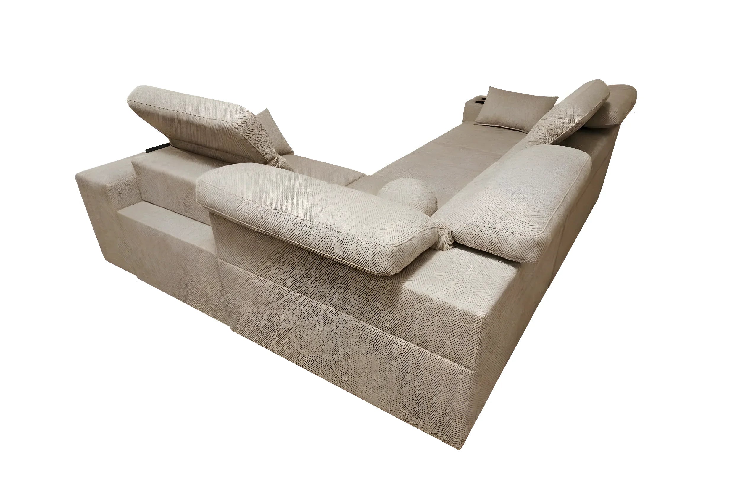 Canapé d'angle beige en tissu chevron, repose-têtes inclinables, idéal salon moderne et spacieux