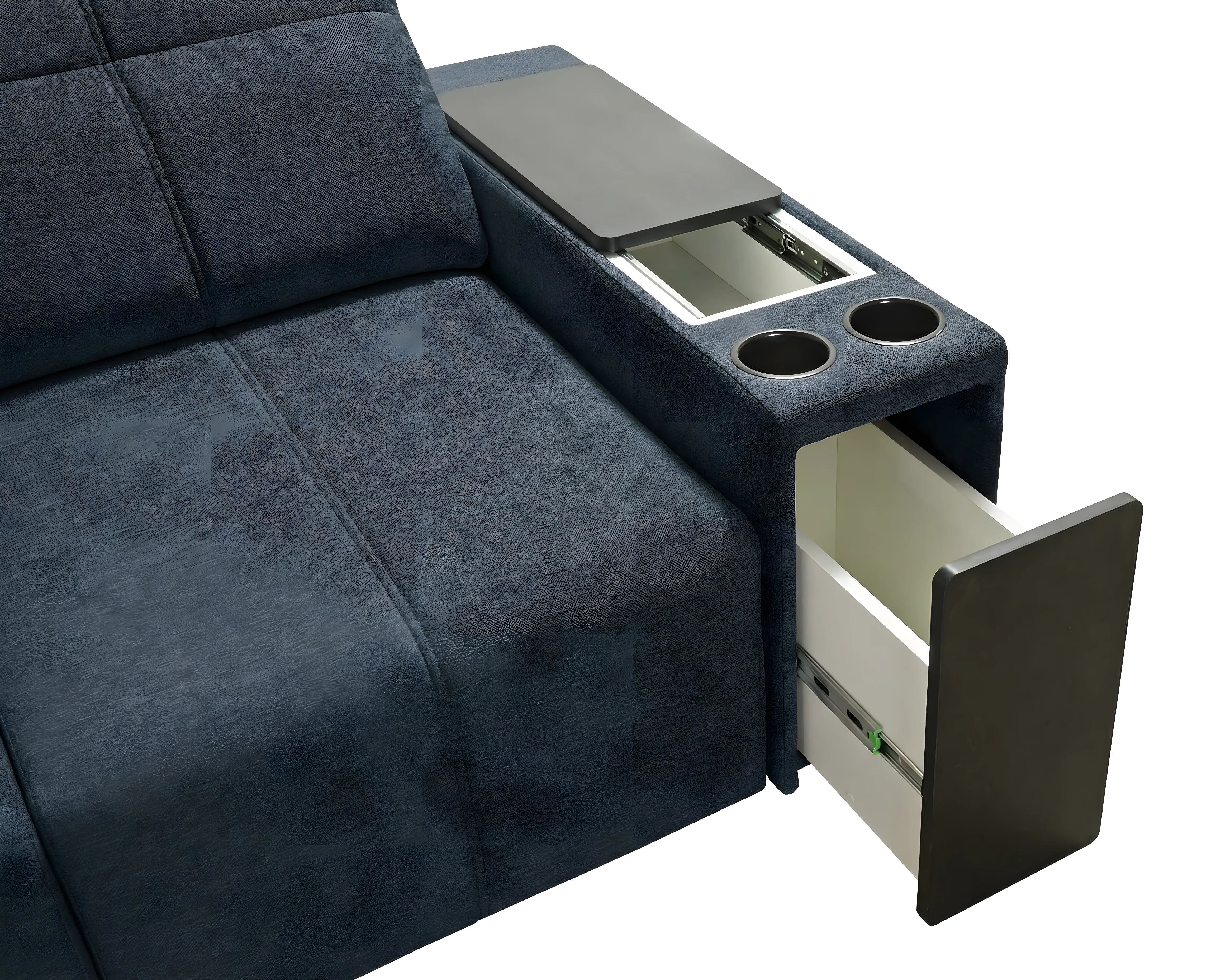 Canapé d'angle bleu en tissu, avec accoudoir intégrant porte-gobelets, tiroir noir ouvert, vue rapprochée