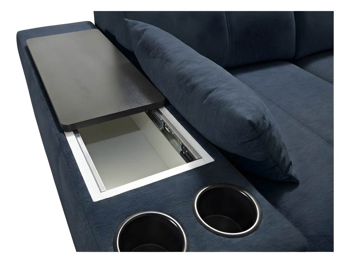 Canapé d'angle en tissu bleu foncé avec accoudoir, tablettes intégrées, deux porte-gobelets et coussin moelleux