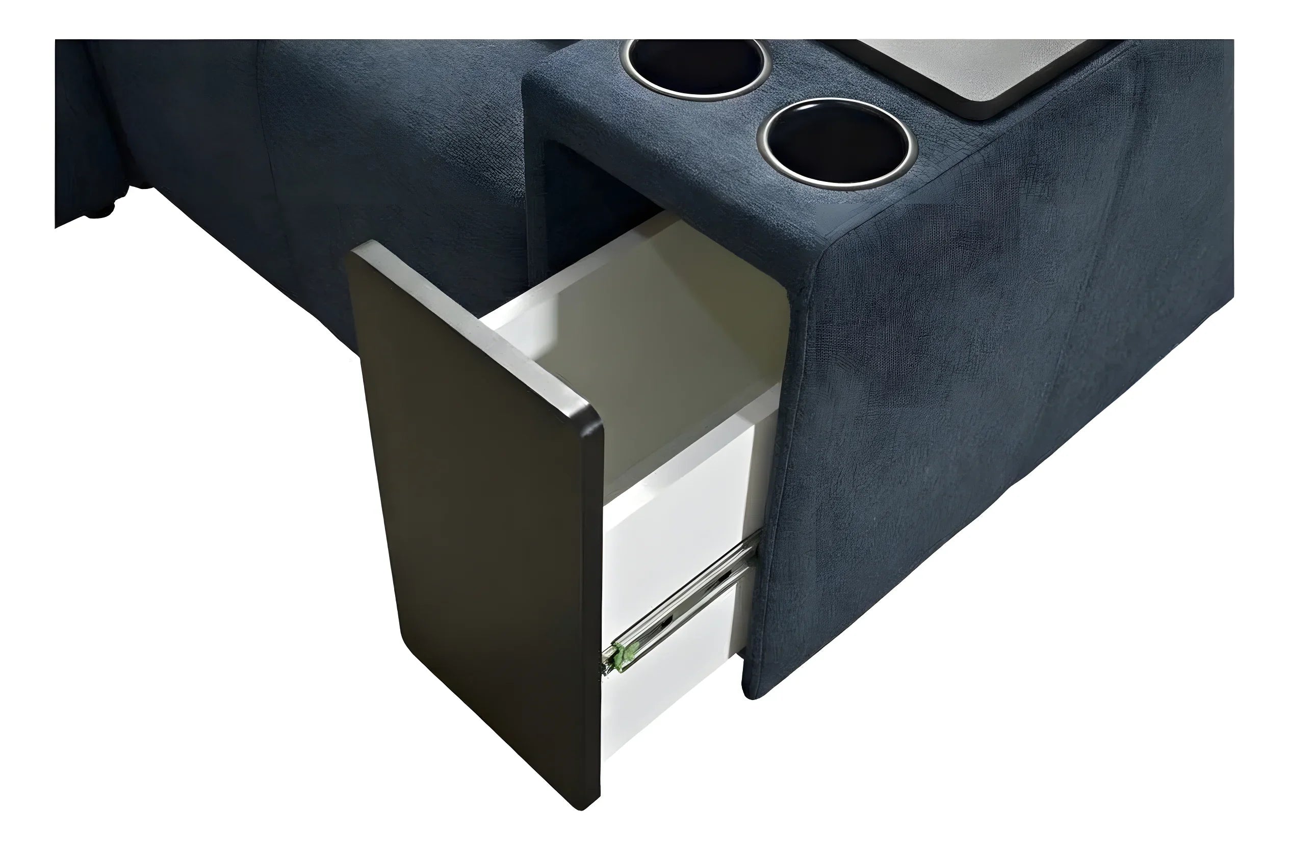 Canapé d'angle bleu en tissu avec tiroir ouvert, design moderne, idéal salon