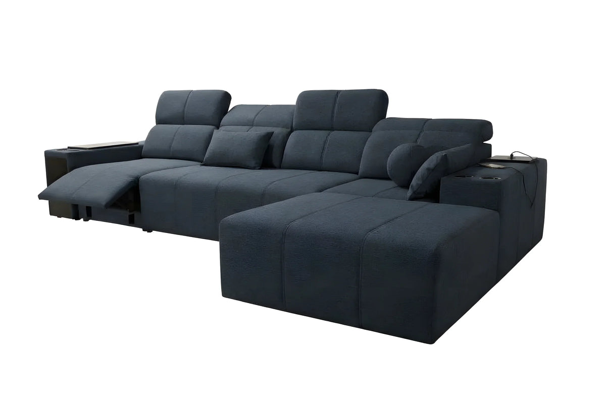 Canapé d'angle bleu en tissu, forme contemporaine avec accoudoirs, ottomane, idéal salon moderne