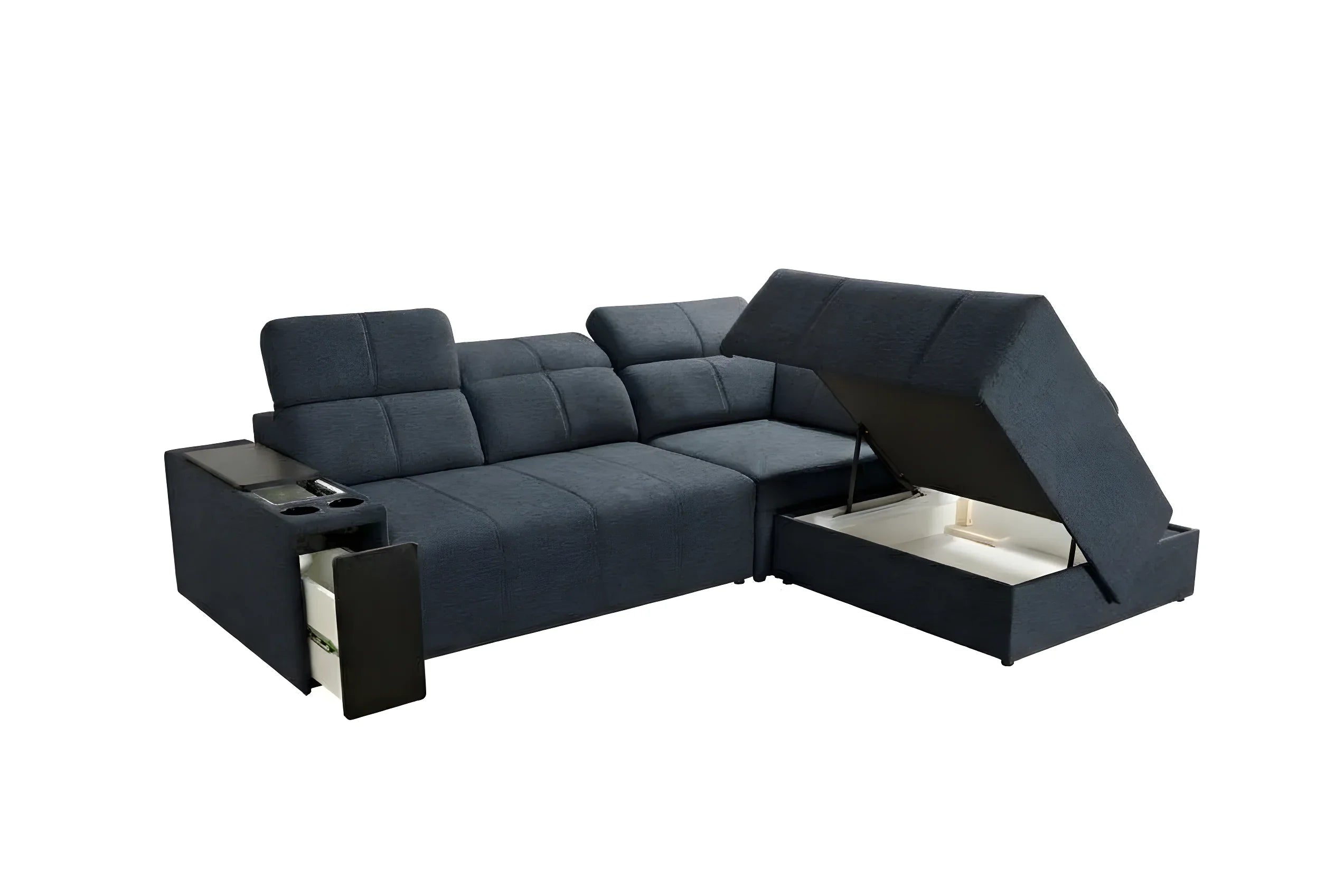 Canapé d'angle bleu en tissu avec accoudoirs, coffre de rangement ouvert, idéal salon moderne