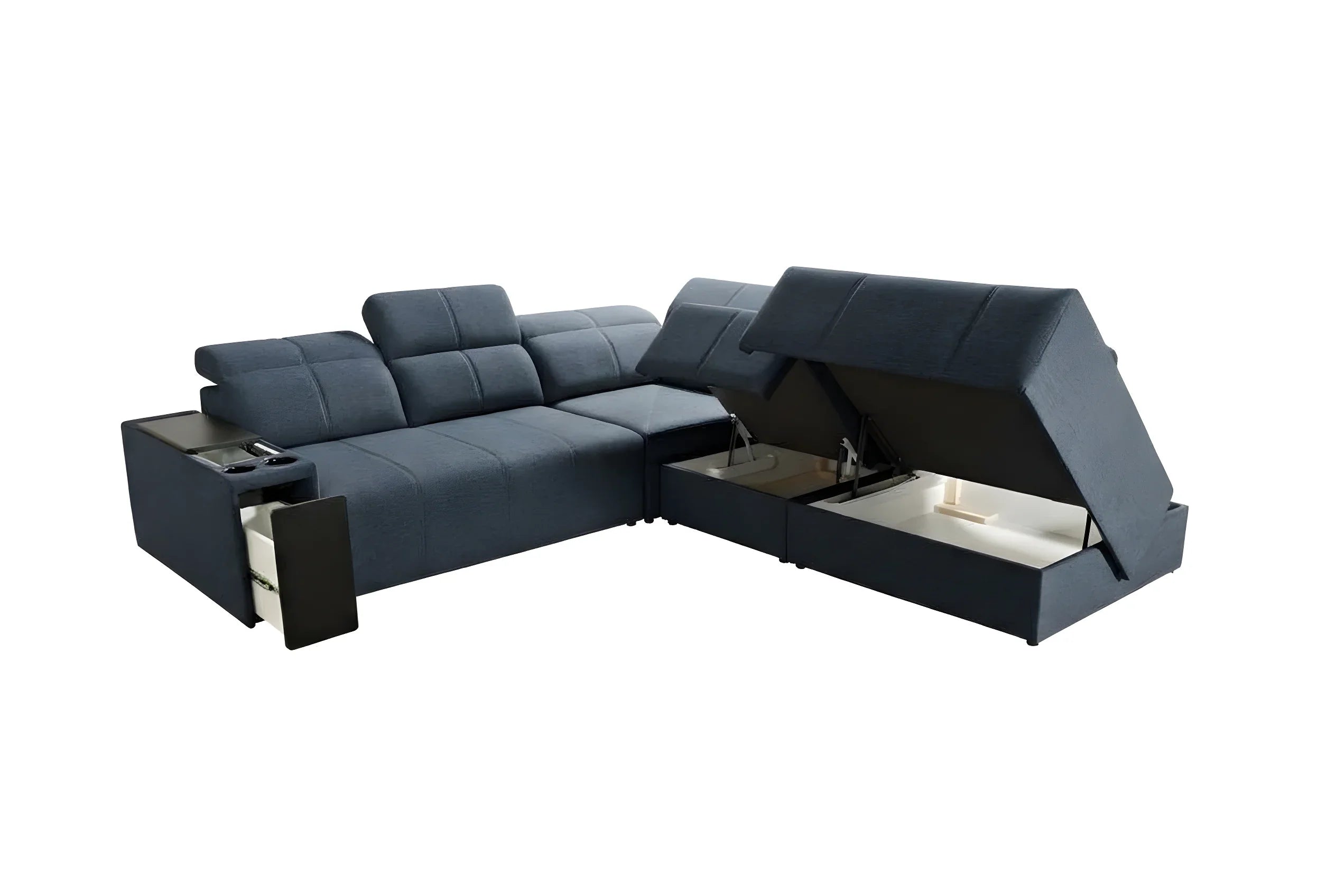 Canapé d'angle bleu en tissu avec coffre et accoudoir pour salon moderne et confortable