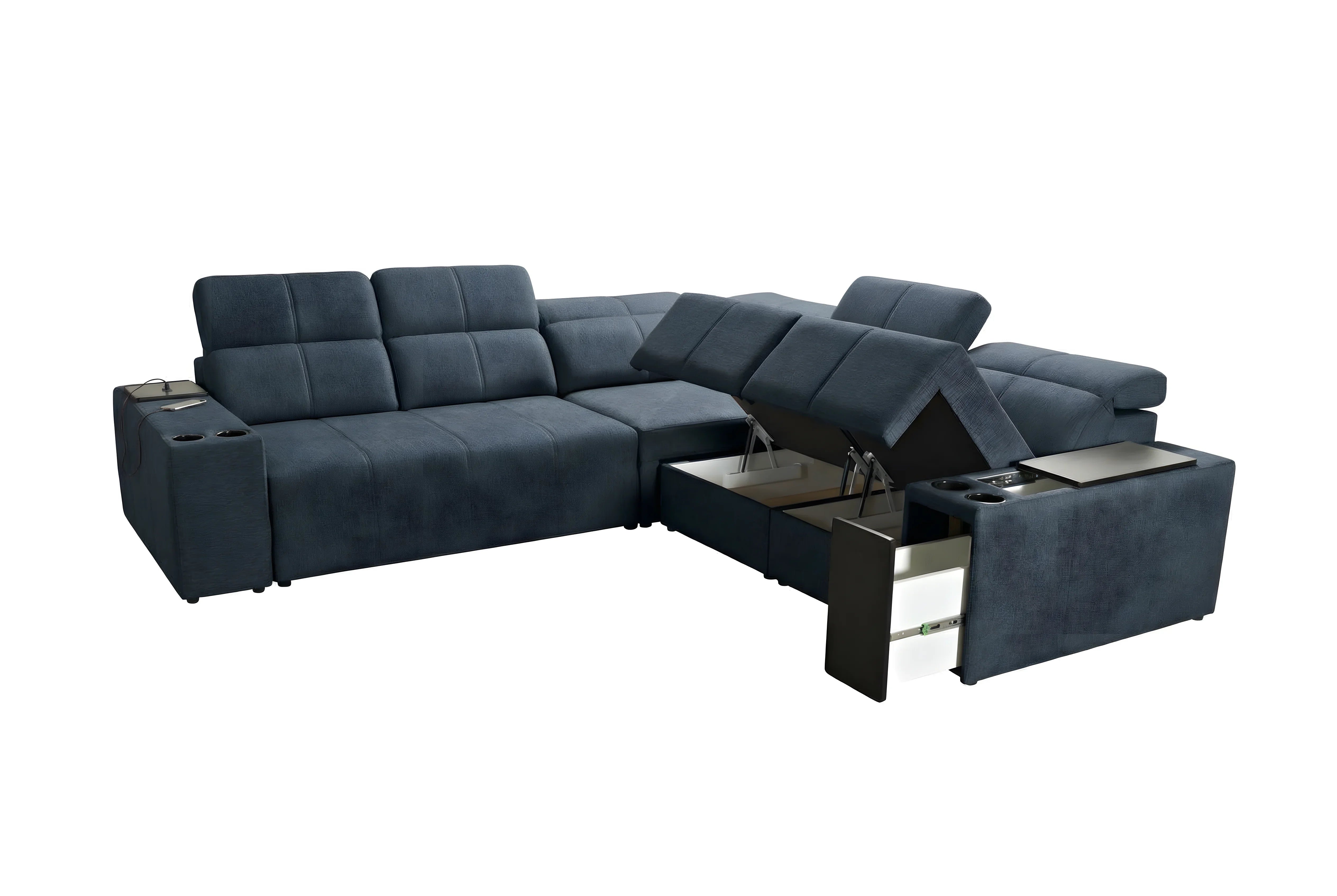 Canapé d'angle bleu foncé en tissu texturé avec porte-gobelets, tablettes, tiroirs et coussins carrés, sur fond blanc