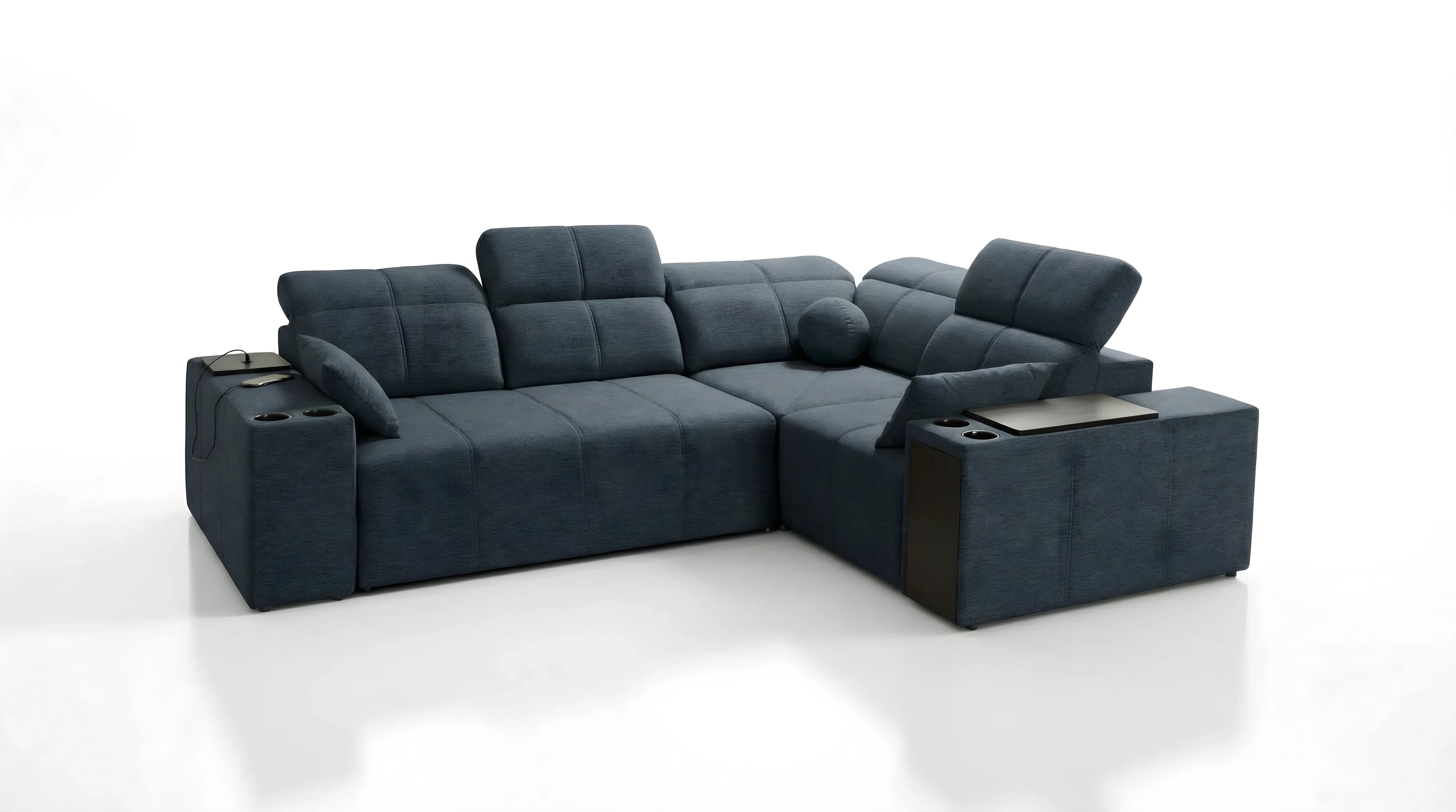 Canapé d'angle bleu en tissu texturé avec table intégrée, accoudoirs avec porte-gobelets, design moderne et confortable