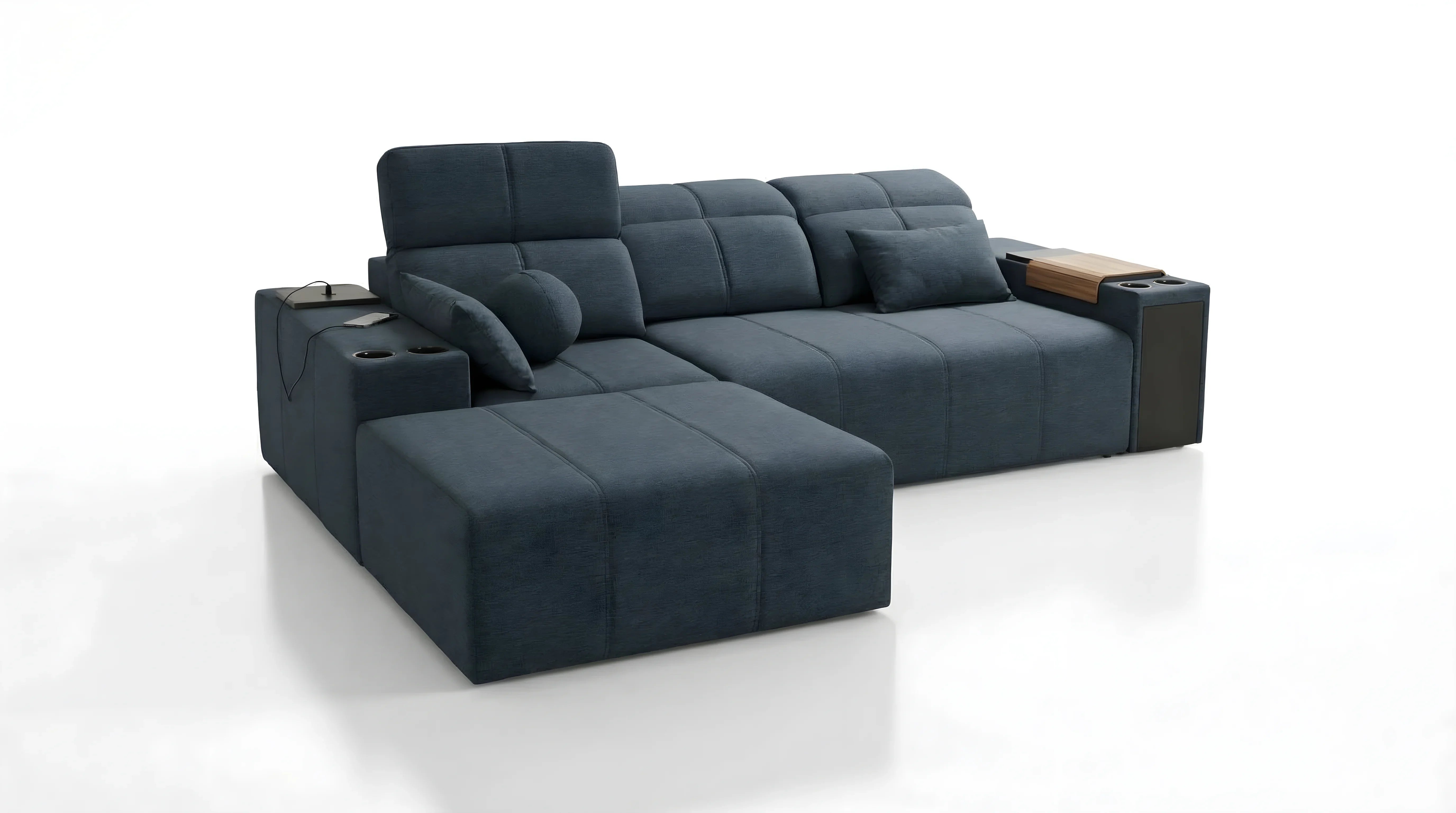Canapé d'angle bleu foncé en tissu, design moderne avec tablettes et porte-gobelets, pour salon contemporain