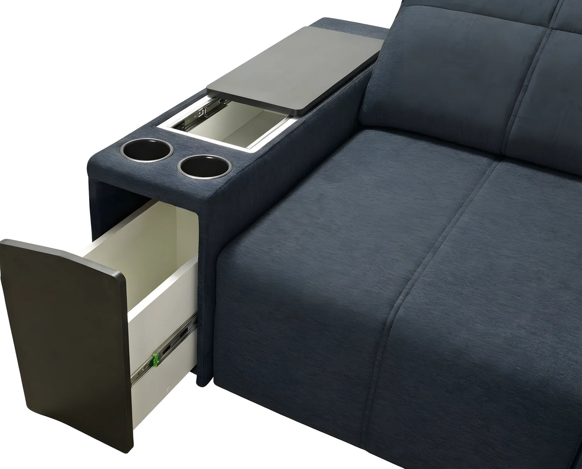 Canapé d'angle bleu en tissu avec table et tiroir escamotable, design moderne et pratique pour salon