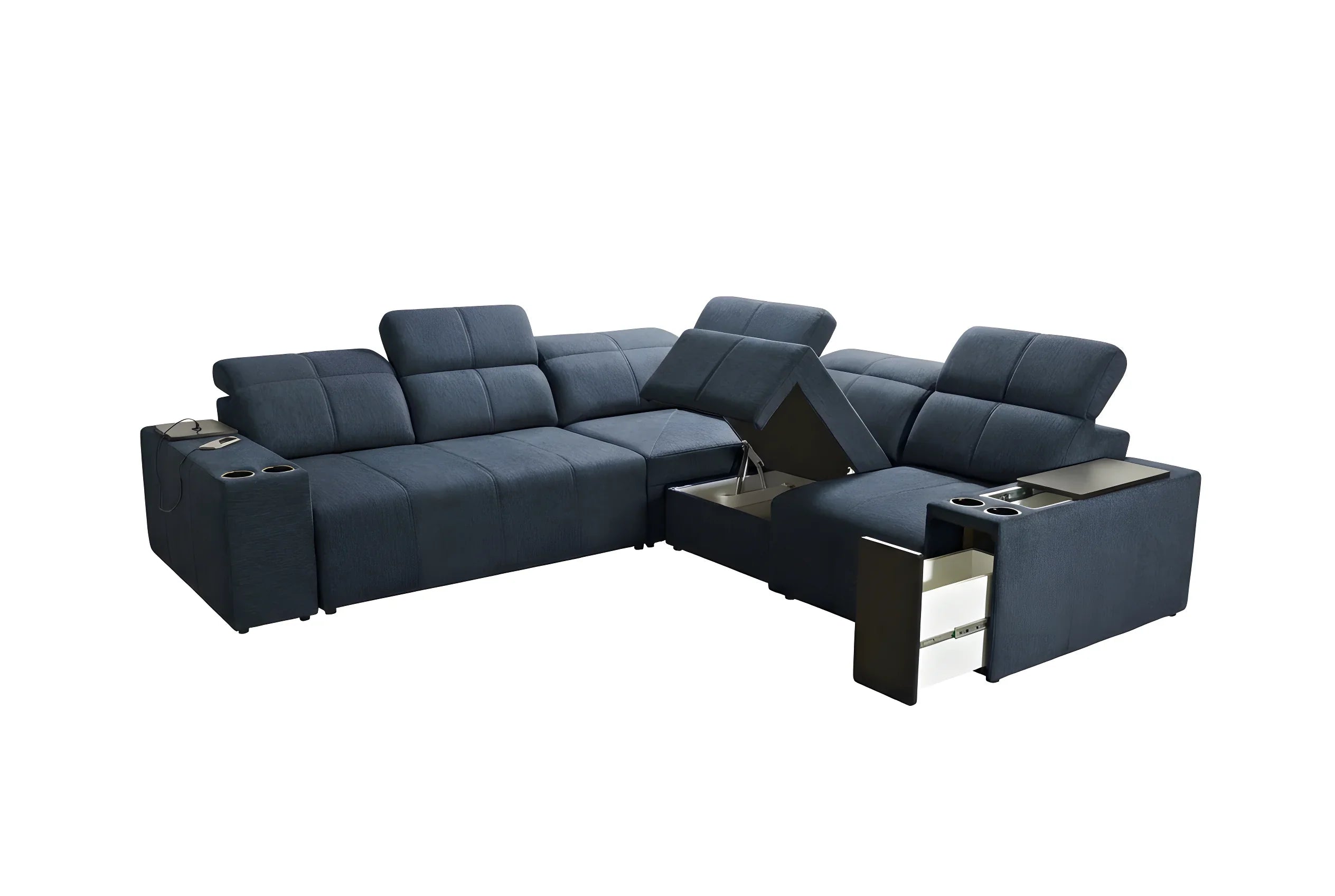 Canapé d'angle bleu en tissu, design modulable contemporain, avec espace de rangement et porte-gobelets intégrés