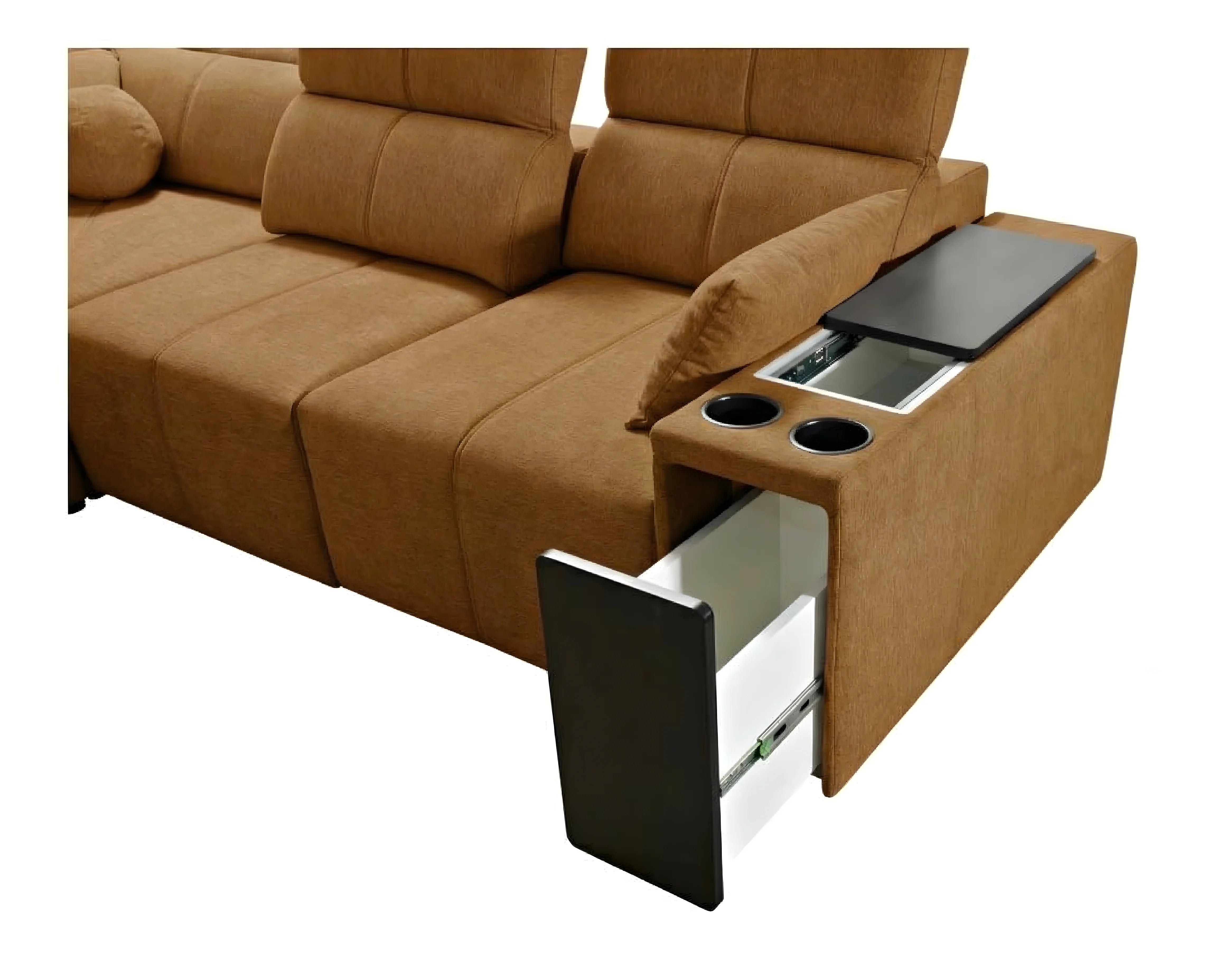 Canapé d'angle brun en tissu, avec accoudoir intégrant porte-gobelets, table et tiroir, pour salon moderne