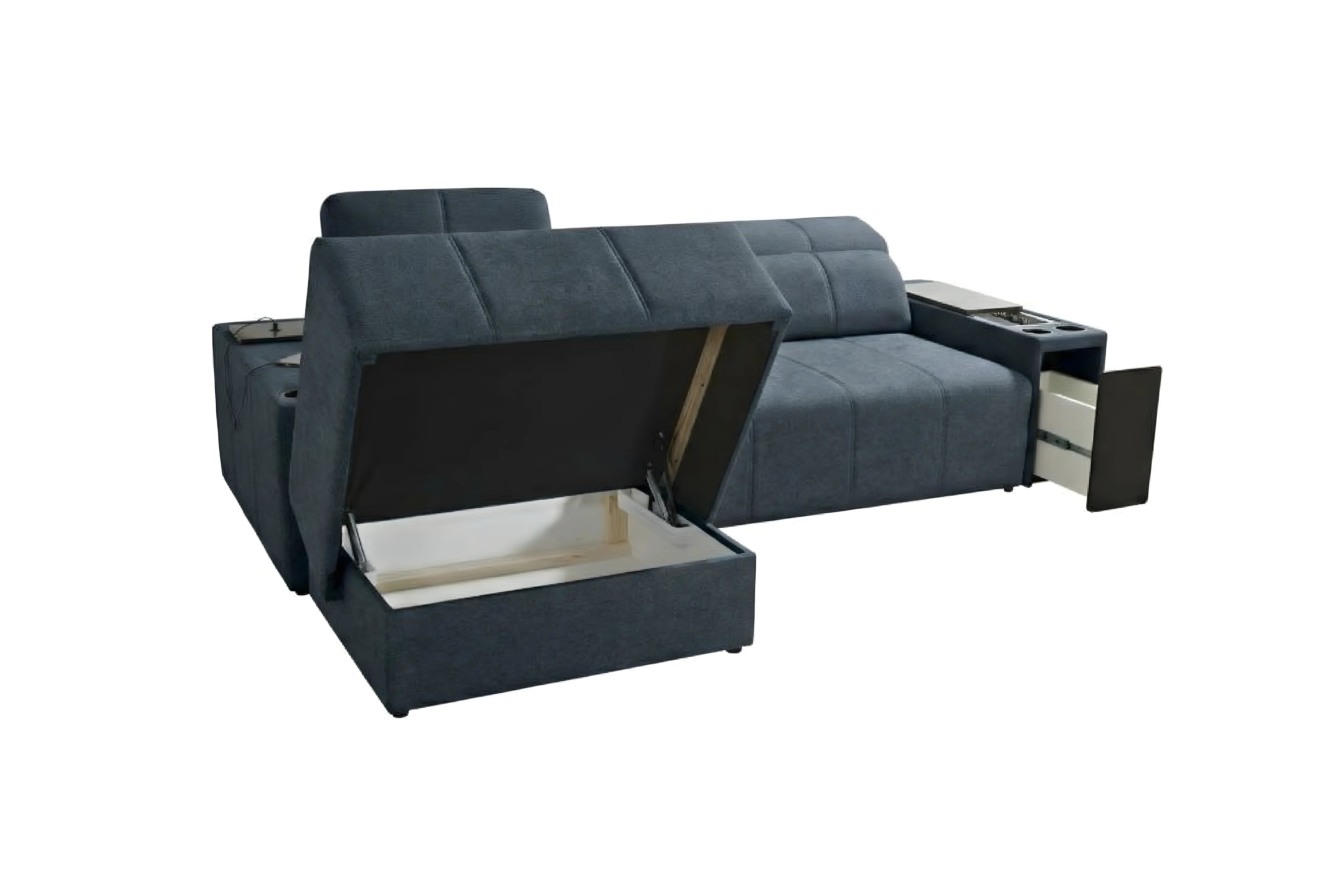 Canapé d'angle bleu en tissu, convertible avec coffre de rangement ouvert, idéal pour salon moderne
