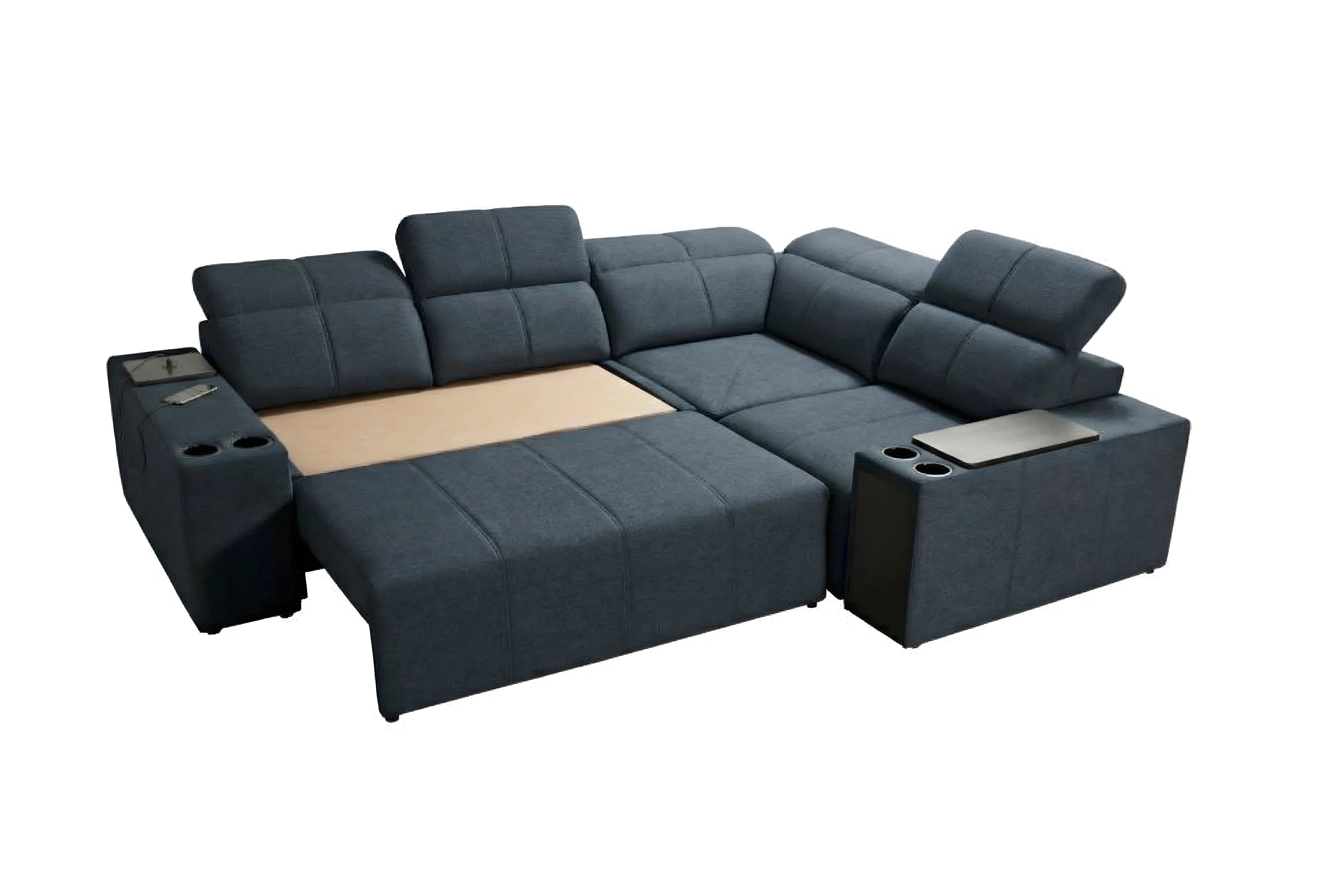 Canapé d'angle bleu en tissu avec accoudoirs, porte-gobelets et tablettes, idéal salon, confortable, design moderne