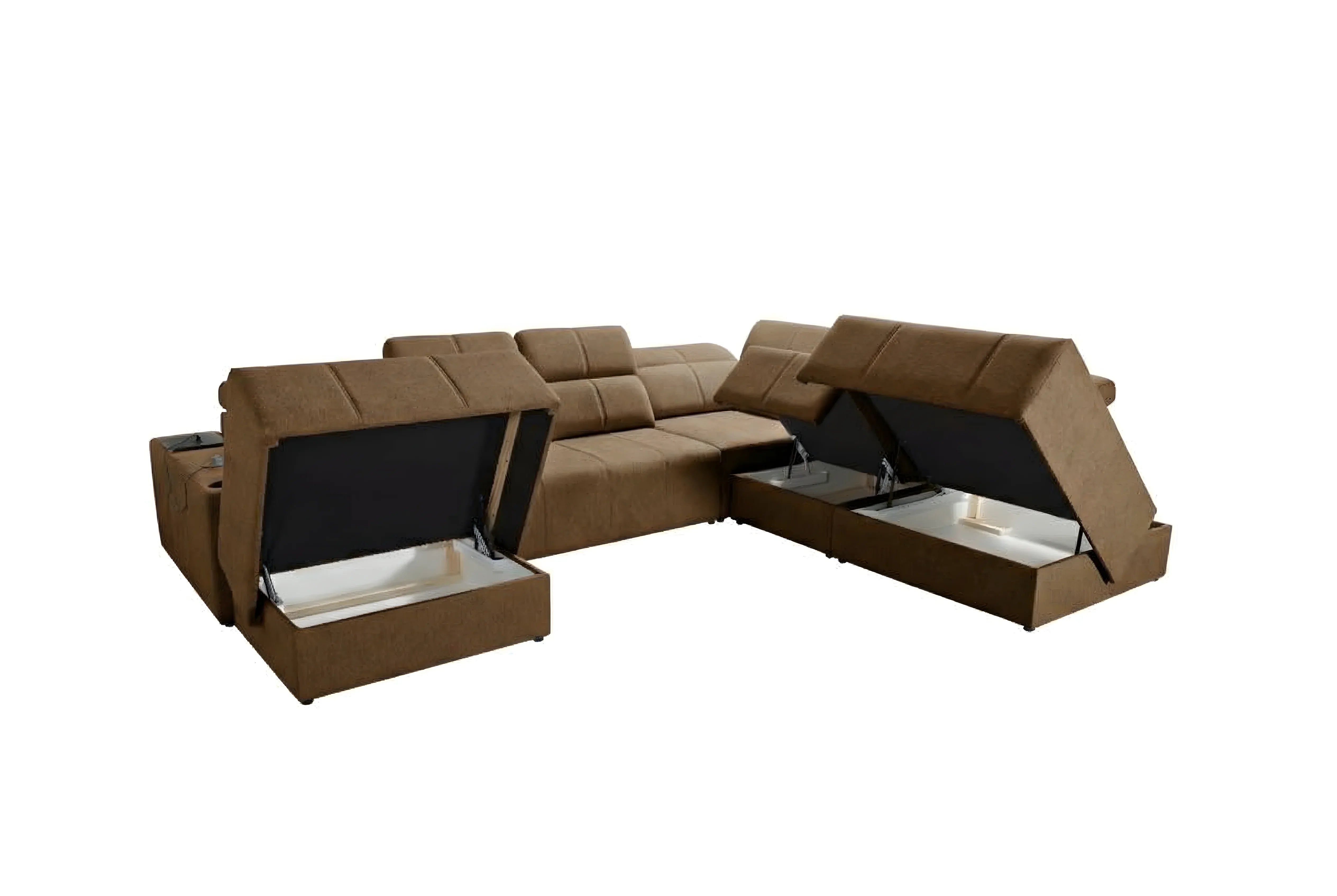 Canapé d'angle marron en tissu avec coffres de rangement ouverts. Idéal pour salon moderne, vue de face, sur fond blanc.