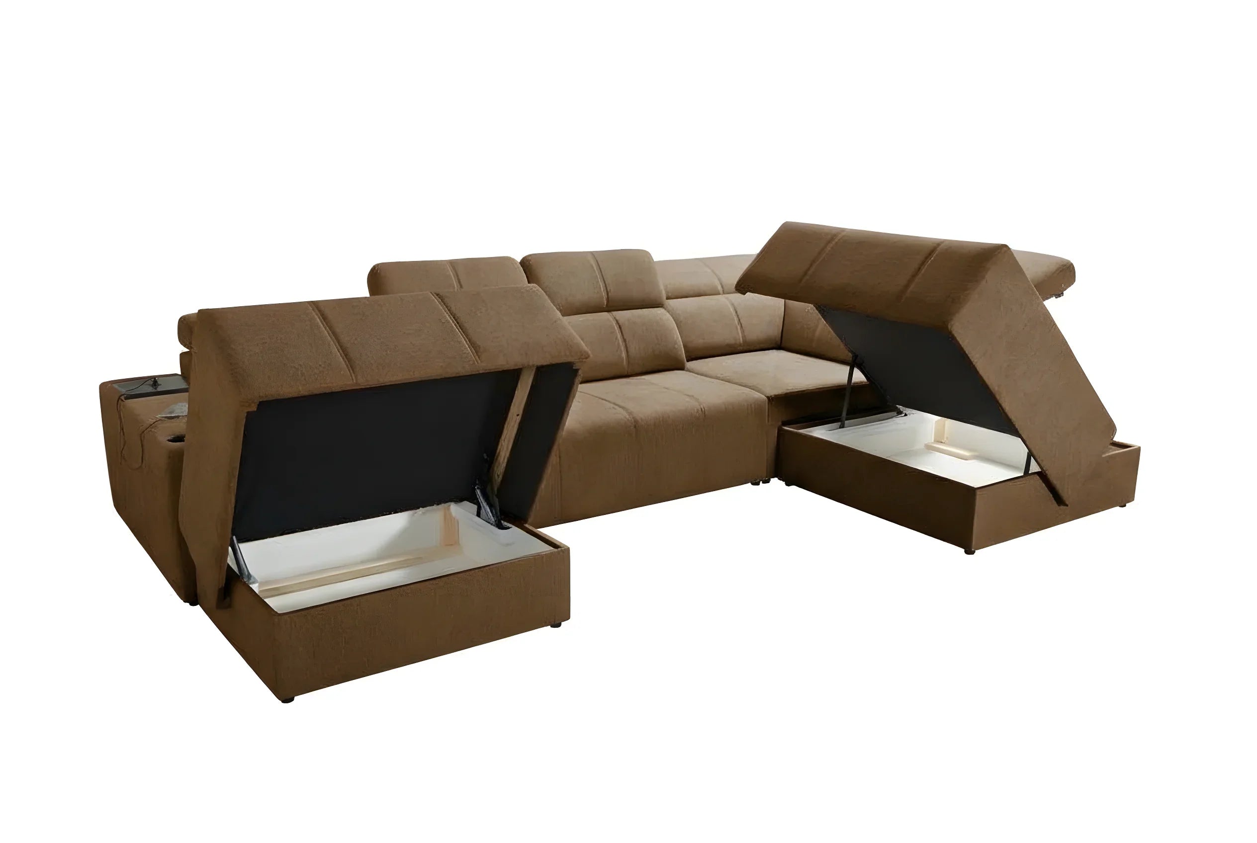 Canapé d'angle marron en tissu avec coffres de rangement ouverts, idéal salon moderne