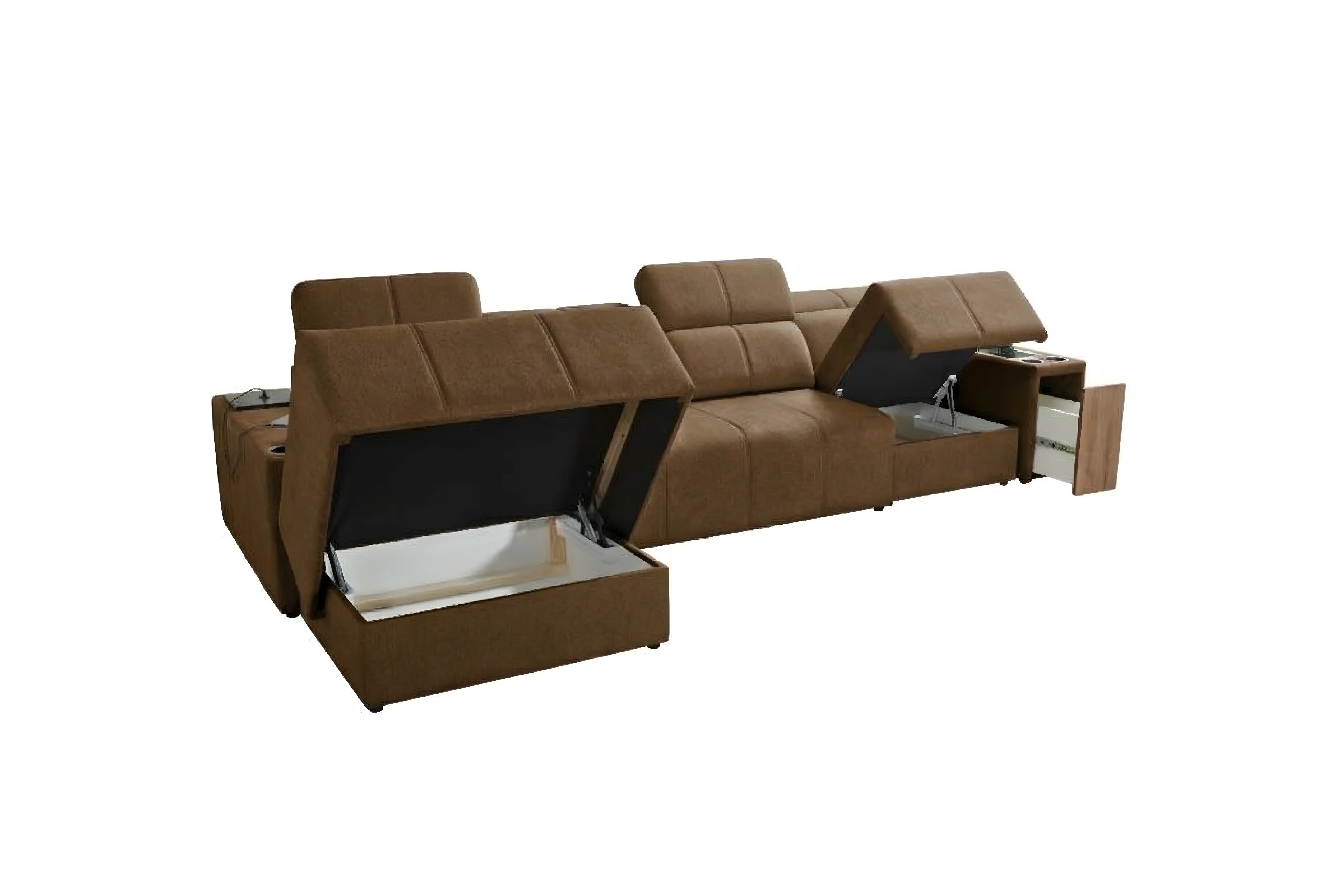 Canapé d'angle marron en tissu avec assises capitonnées, coffres de rangement ouverts, idéal salon