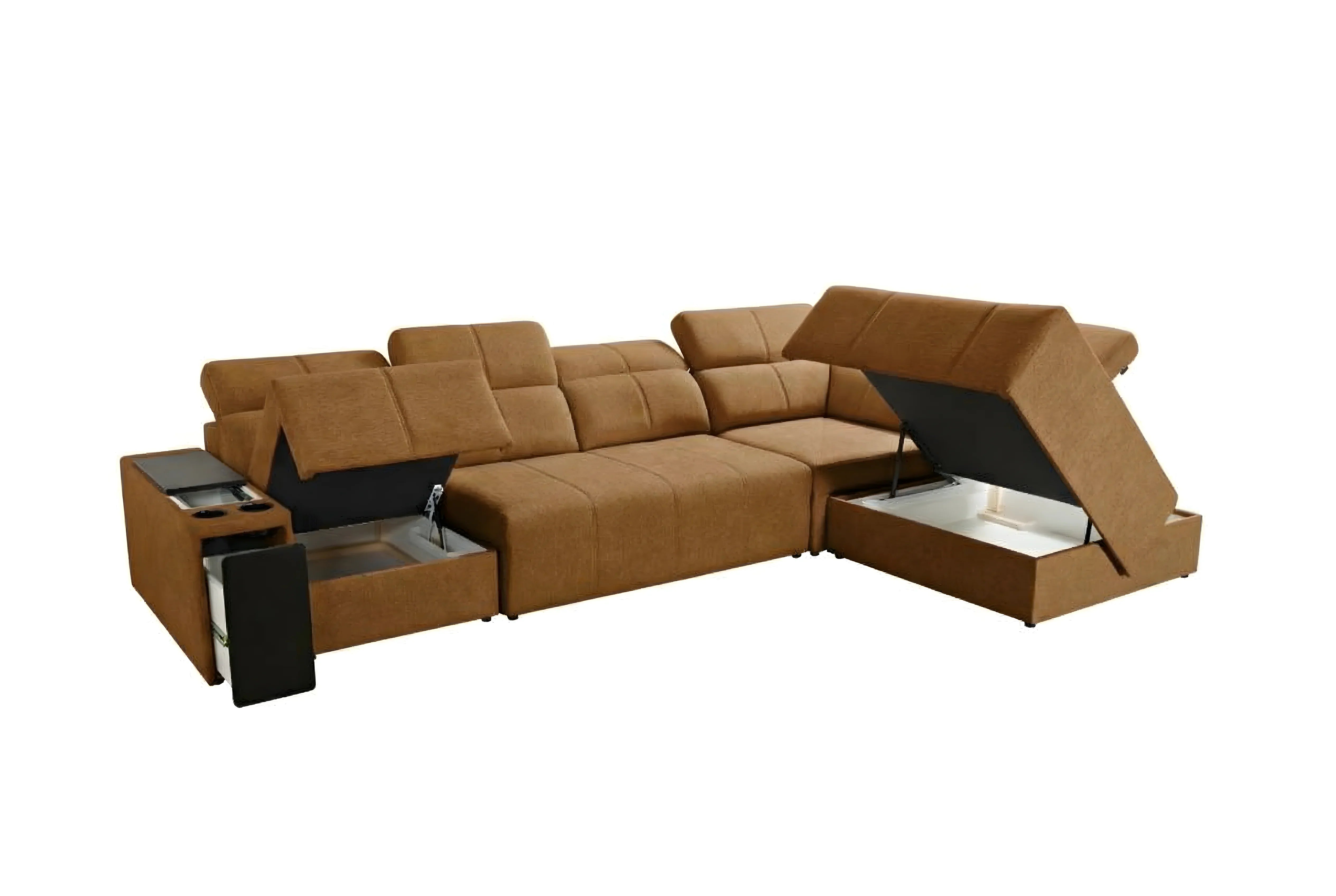 Canapé d'angle marron en tissu avec accoudoirs, coffre de rangement, et dossier relevable, dans un salon moderne